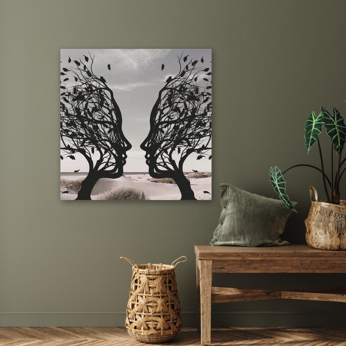 AKUSTIKBILD Strand - Meer - Menschen - Baum - Moderne Kunst Akustikpaneele 80x80 cm - Hellgrau, Kunststoff (80/80/0.9cm) - MuchoWow