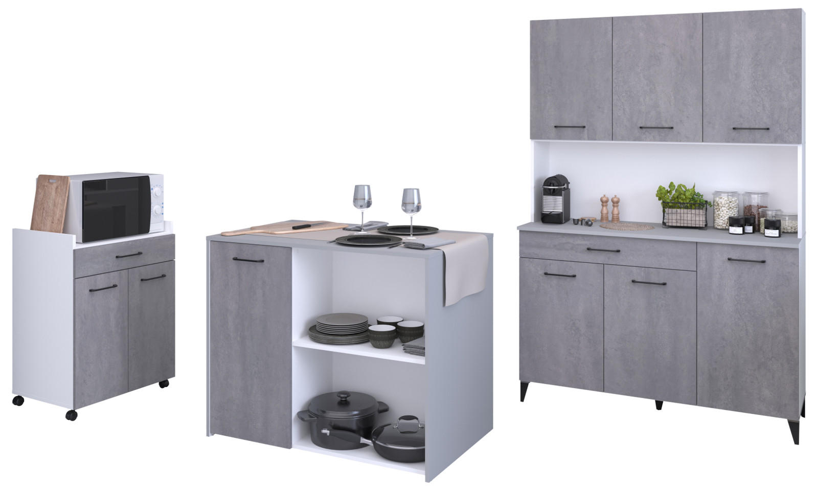 KÜCHENSCHRANK-SET 3-teilig Beton grau, weiß, Küche Buffet und Kücheninsel - Schwarz/Weiß, Holzwerkstoff/Kunststoff (120/180/65cm) - Parisot Meuble