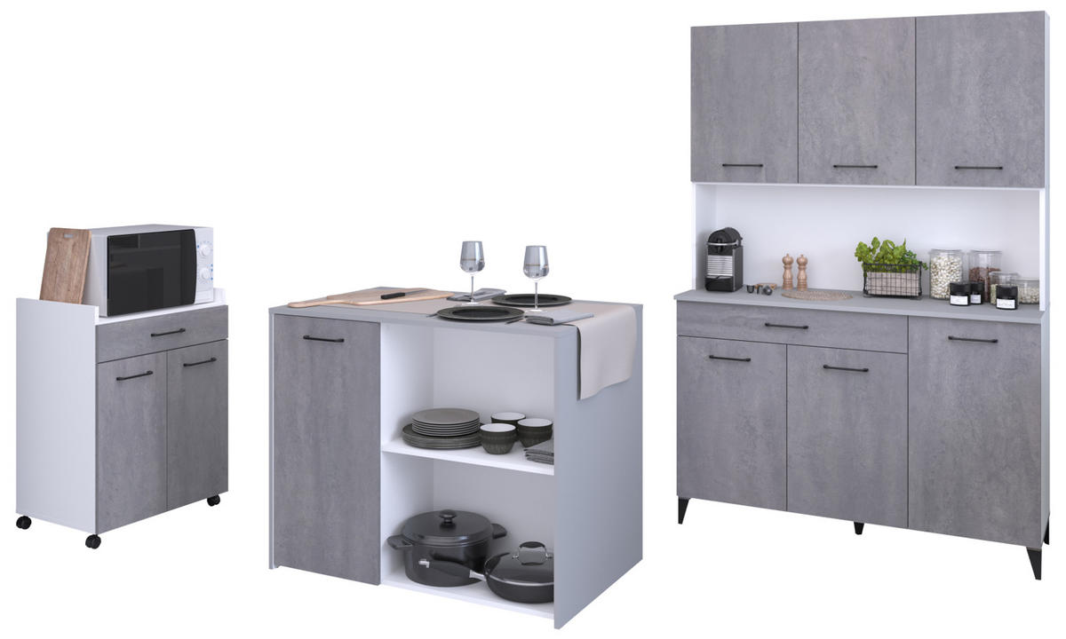 KÜCHENSCHRANK-SET 3-teilig Beton grau, weiß, Küche Buffet und Kücheninsel - Schwarz/Weiß, Holzwerkstoff/Kunststoff (120/180/65cm) - Parisot Meuble