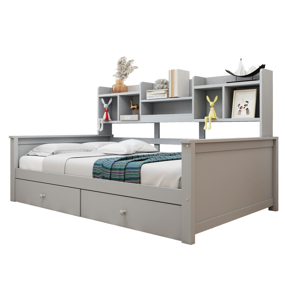 MULTIFUNKTIONSBETT 90/200 cm grau aus Massivholz mit Schubladen und Regalfächern - Grau, Holzwerkstoff (90/200cm) - OKWISH