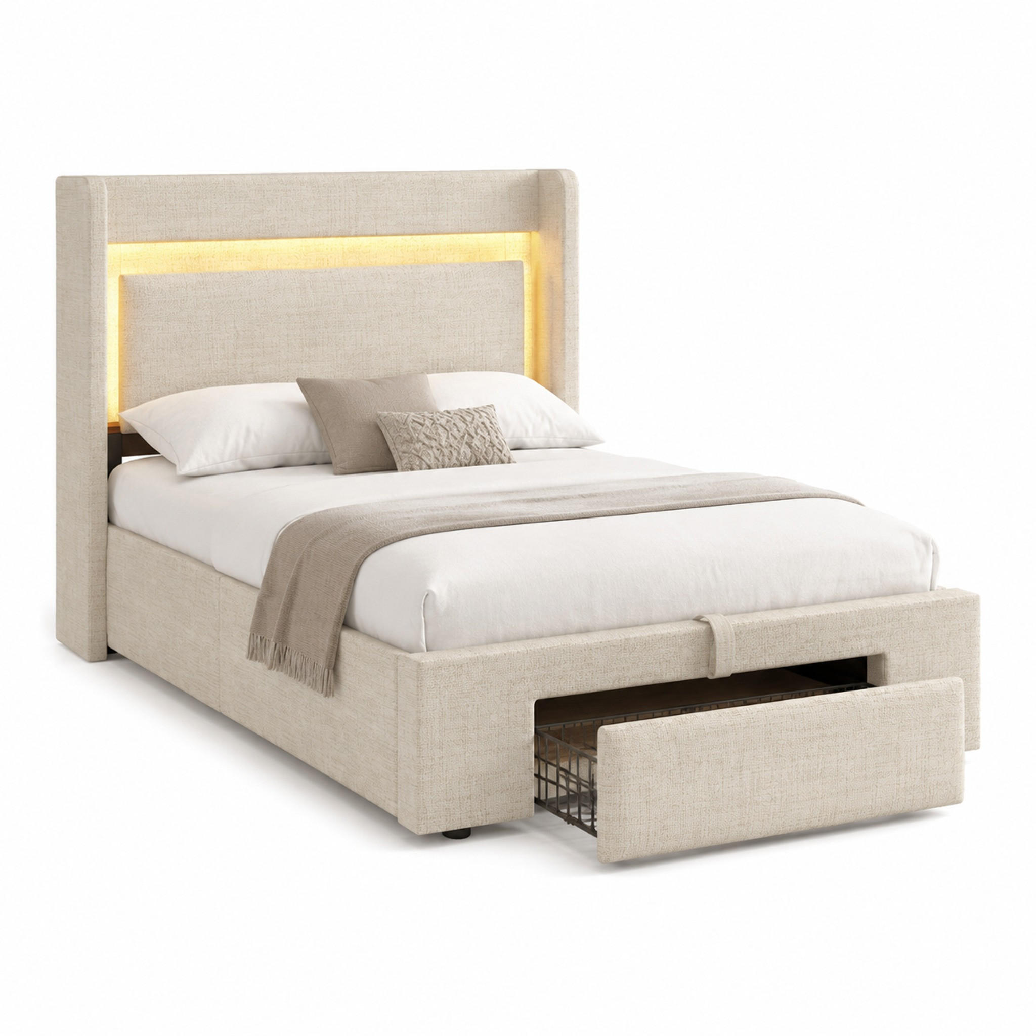 POLSTERBETT mit Stauraum 90x200 cm Leinen Beige mit LED - Beige, Metall (90/200cm) - Meubliv