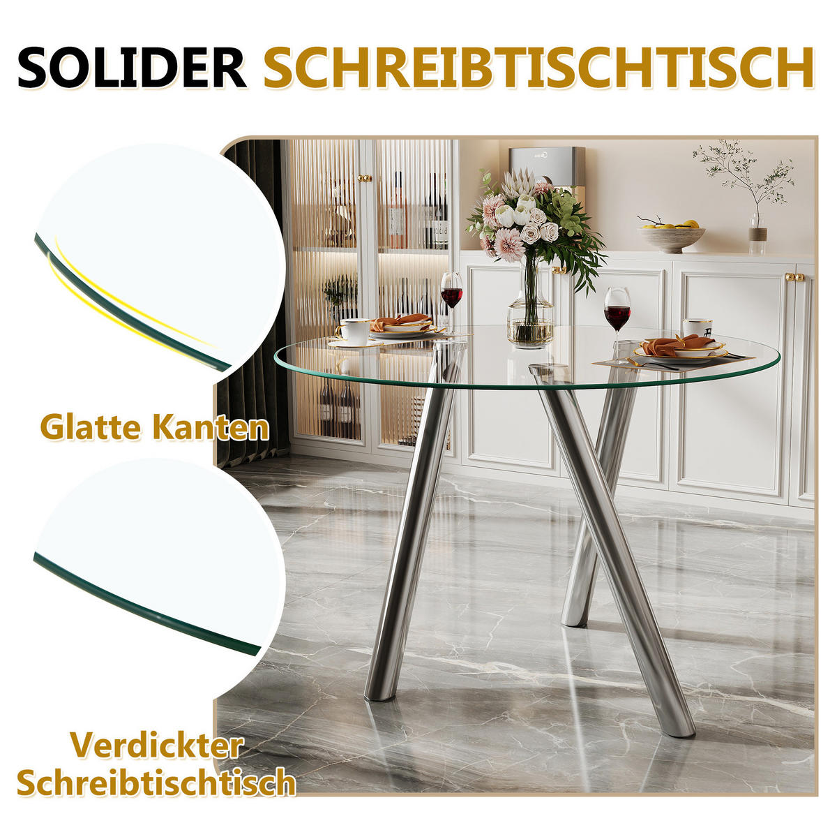 ESSTISCH rund Ø 89 cm in Silber mit Glasplatte und Metallgestell - Silberfarben, Metall (89/89/76cm) - BEAOK