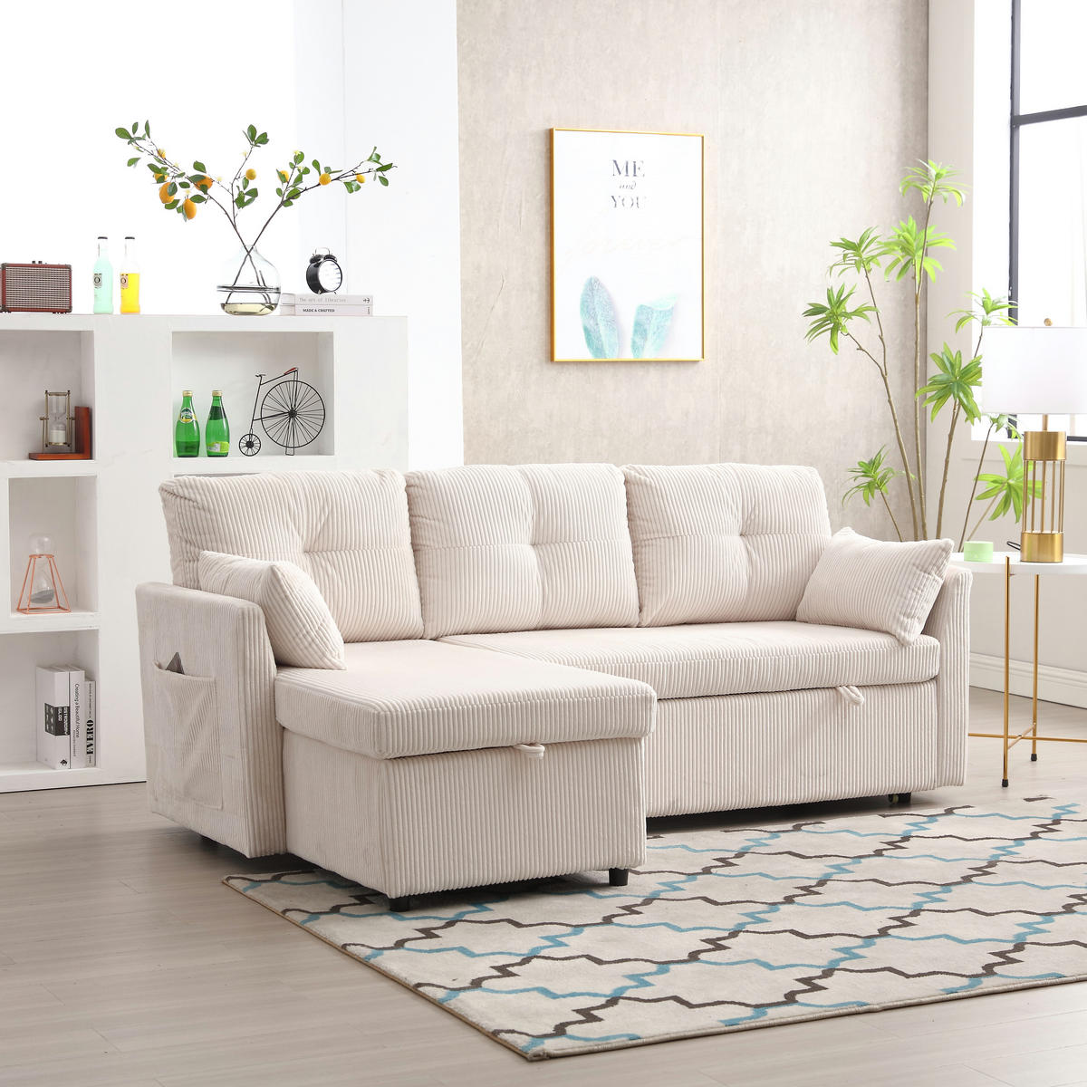 SCHLAFSOFA mit Stauraum, Ausziehbett und wechselbarer Chaiselongue - Beige, Textil (206/88/108cm)