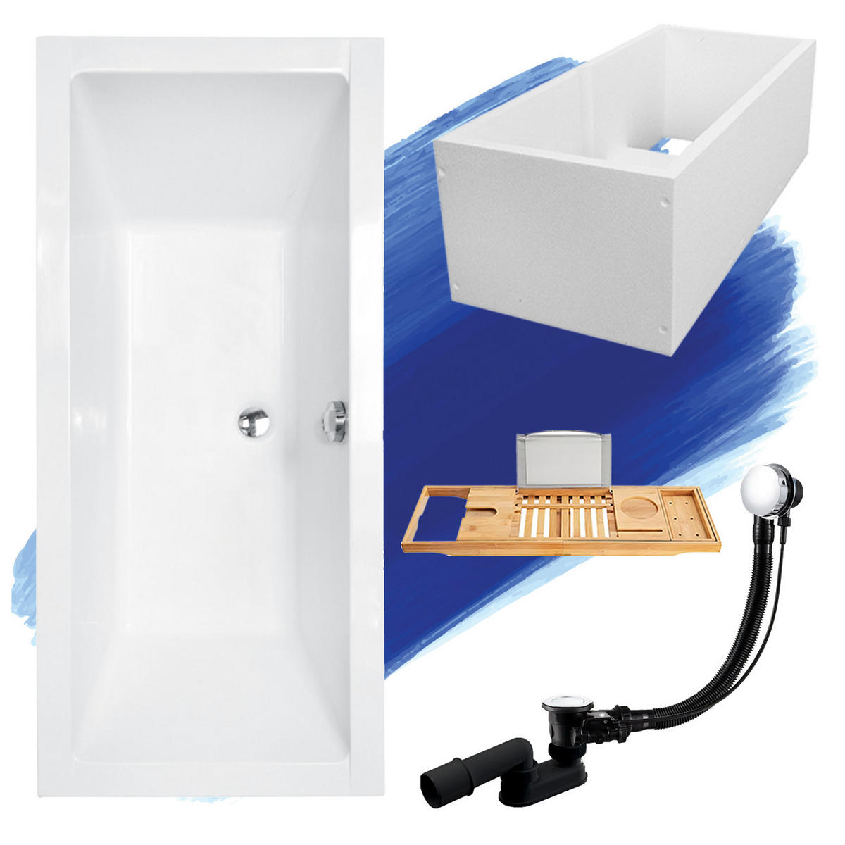 BADEWANNE Rechteck QUADRO 170/75 + Träger + Ablage Ablauf Füße - Weiß, Kunststoff (75/55.5/170cm) - bad land