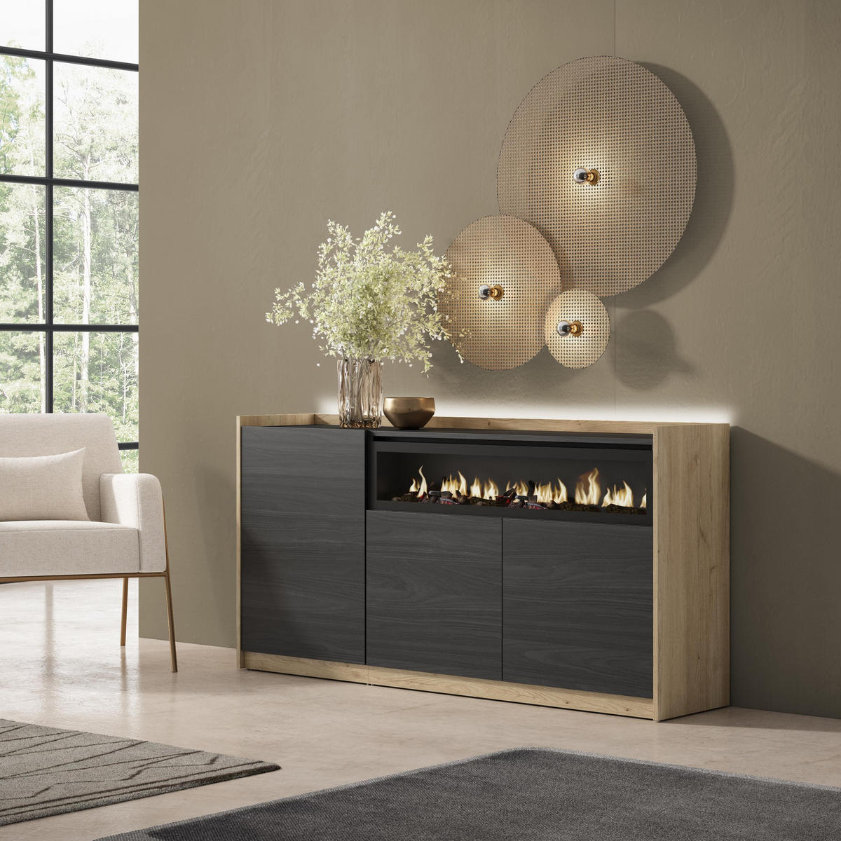 SIDEBOARD, Schwarz und Eiche, 156/37/80cm, Kamin mit Feuereffekt - Schwarz, Holzwerkstoff (156/80/37cm) - Skraut Home