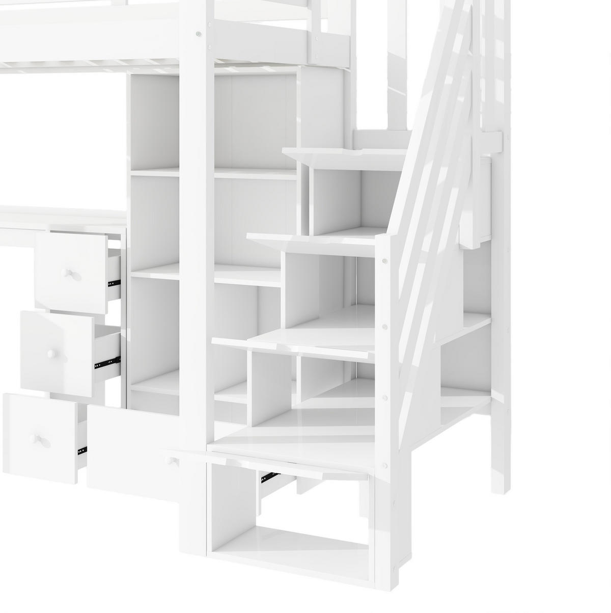 HOCHBETT aus Kiefernholz und MDF 90x200 cm Weiß mit Schreibtisch, Stauraumtreppe und Schubladen - Weiß, Holzwerkstoff (90/200cm) - IVMEU