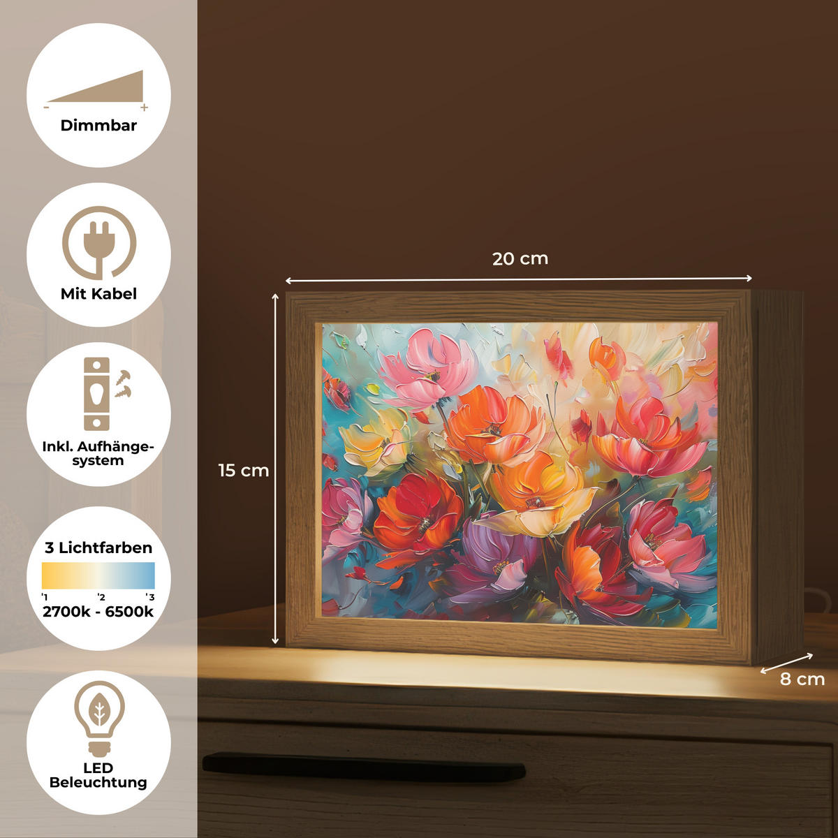 STOLNÍ LAMPA Květiny - barevné - malba - abstraktní - umění 20x15 cm - barva hliníku, kompozitní dřevo (8/20/15cm) - OnlyWow
