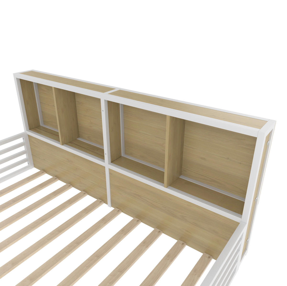 ZAUNBETT 140/200 cm weiß aus Metall und MDF mit Lattenrost, Stauraum und LED-Beleuchtung - Weiß, Metall (140/200cm) - OKMYHOME