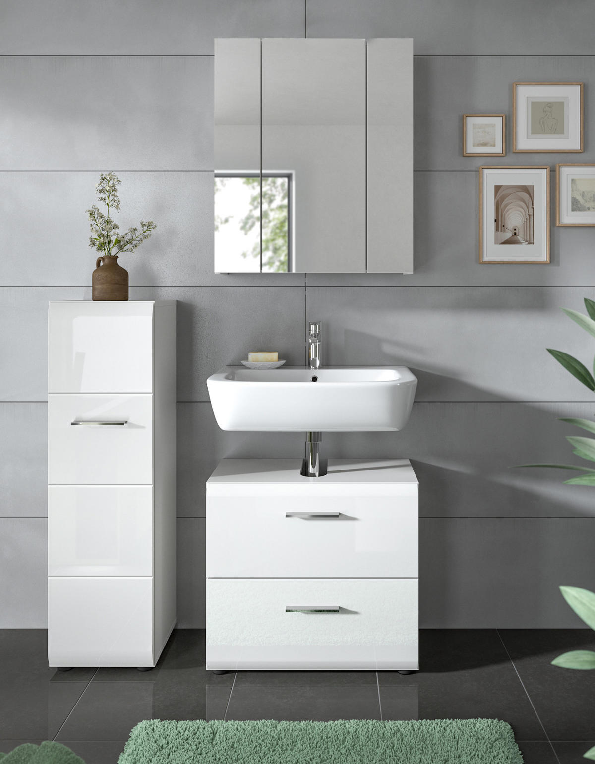 BADMÖBEL SET 3-teilig in weiß Hochglanz Badkombination 105 x 185 cm Cover - Weiß Hochglanz/Silberfarben, Holzwerkstoff/Kunststoff (105/185/30cm) - Inn.Furn