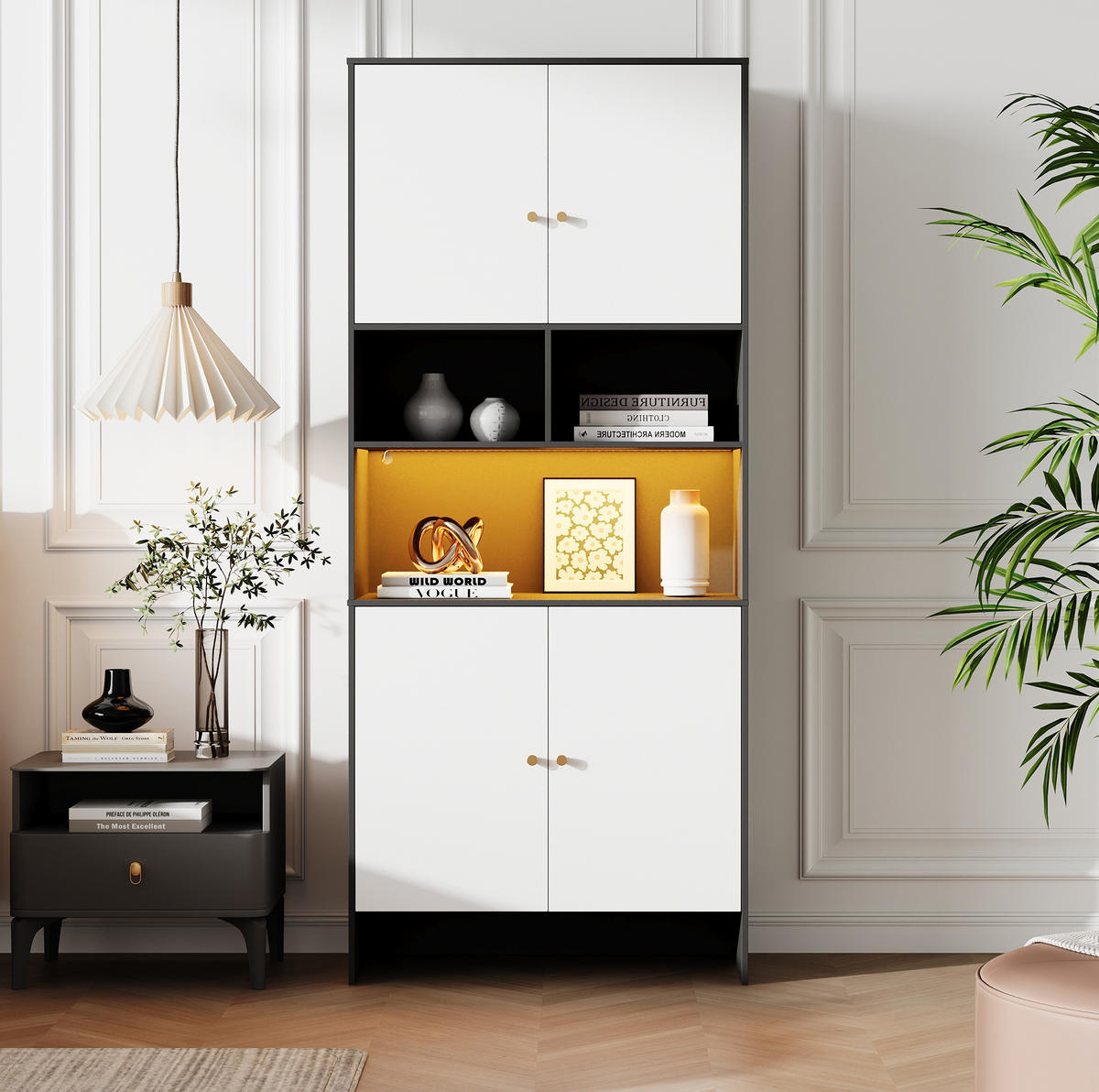 SIDEBOARD 80/40/185 cm mit 4 Türen & 3 offenen Fächern in Weiß/Schwarz - Weiß, Holzwerkstoff (80/185/40cm) - BEAOK