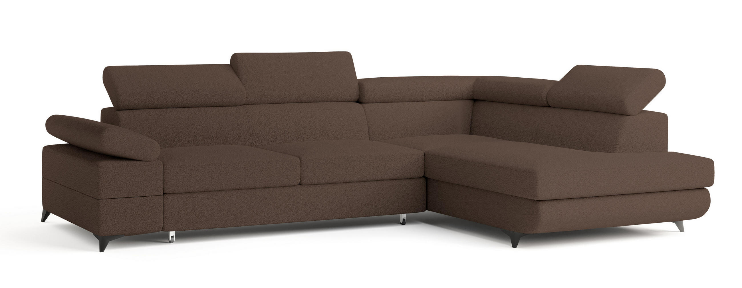 ECKSOFA FAVIEN R-S Braun Boucle-Stoff mit Schlaffunktion - Braun, Holz (257/190cm) - MASSENO