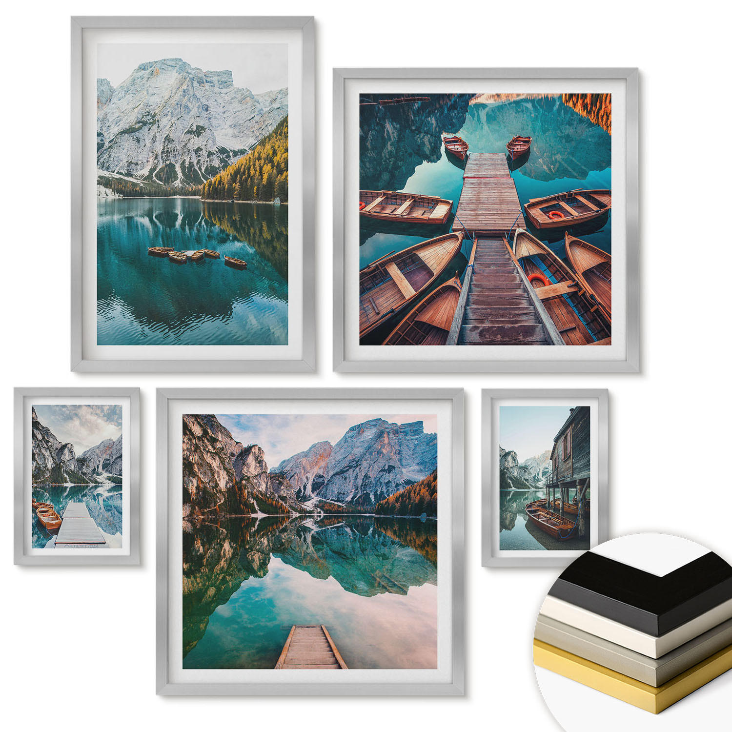 WANDBILDER 5er Set - 50x50 cm & 20x30 cm & 40x60 cm Silberner Rahmen - Ansichten von Griechenland, Łódź, Häuser - Silberfarben, Kunststoff (40/60cm) - ArtPrintCave