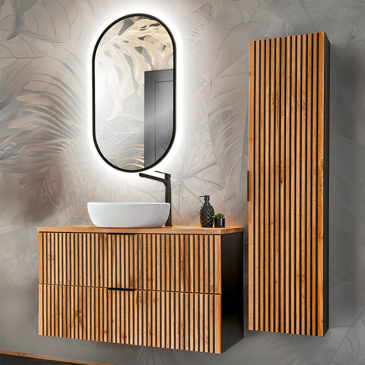 BADMÖBEL 100.6cm Gaia 2er-Set Holz in Eichenoptik und Schwarz - Schwarz, Holzwerkstoff (100.6/59/46cm) - Petits-meubles