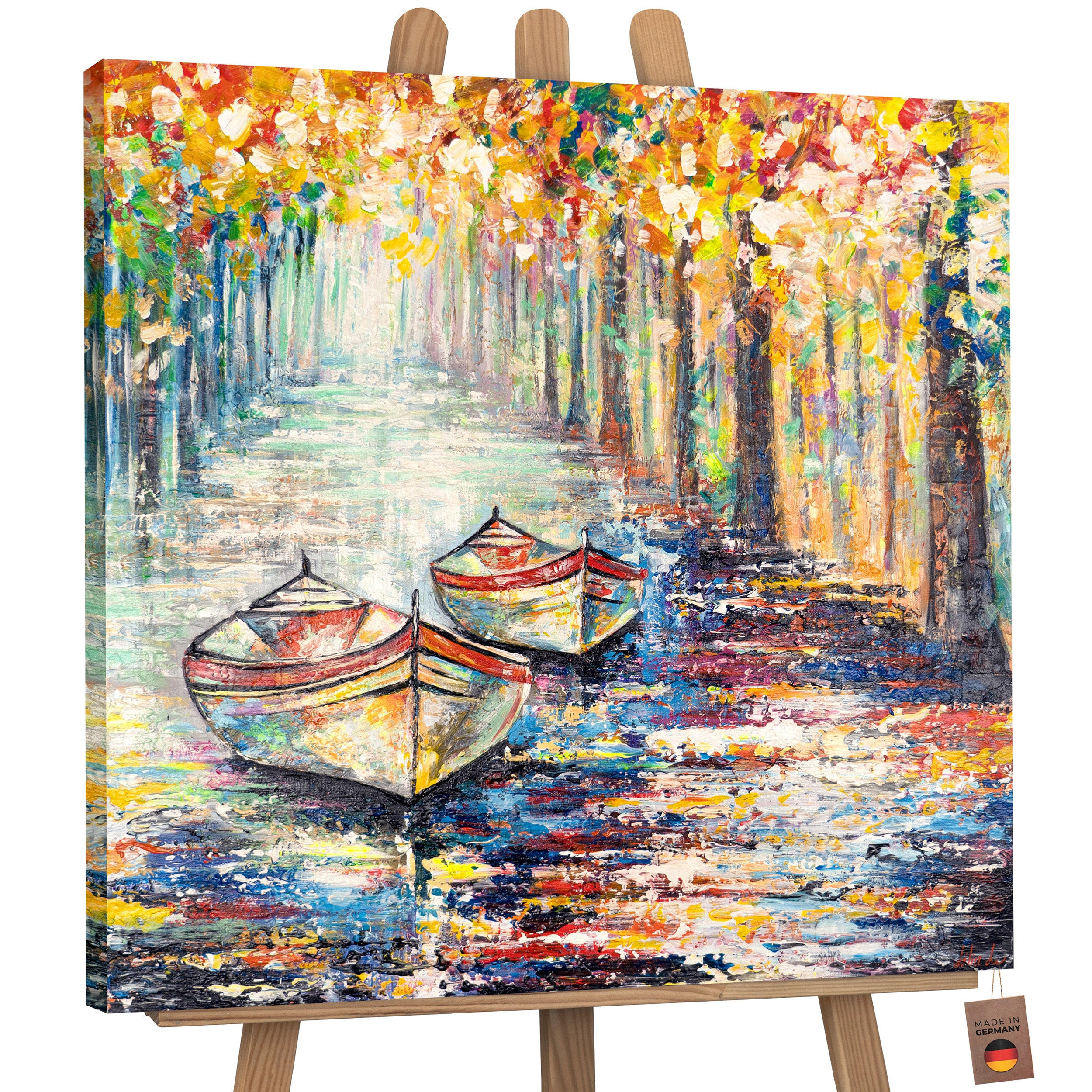 GEMÄLDE Herbstlicher Anlegeplatz auf Keilrahmen 90x90 cm - Orange, Holz (90/90cm) - YS-art gallery