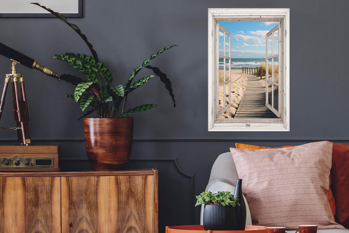 WANDTATTOO Fenster - Meer - Küste - Natur - Ausblick - Strand - Wattenmeer 40x60 cm - Beige, Kunststoff (40/60/0.1cm) - MuchoWow