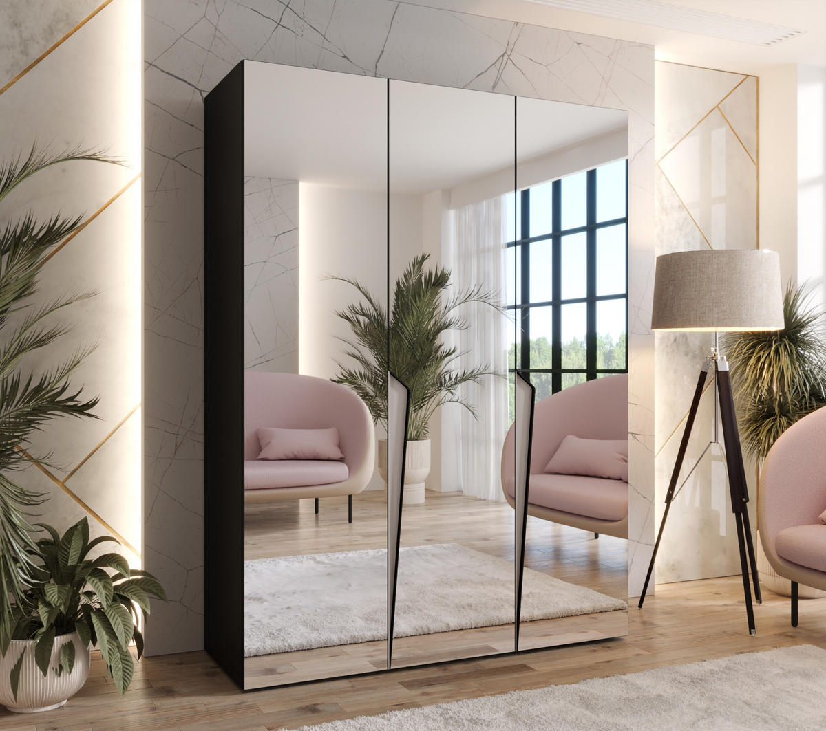 DREHTÜRENSCHRANK 202/150/52 3-türig - Beige/Schwarz, Holz/Metall (150/202/52cm) - Abiks Möbel