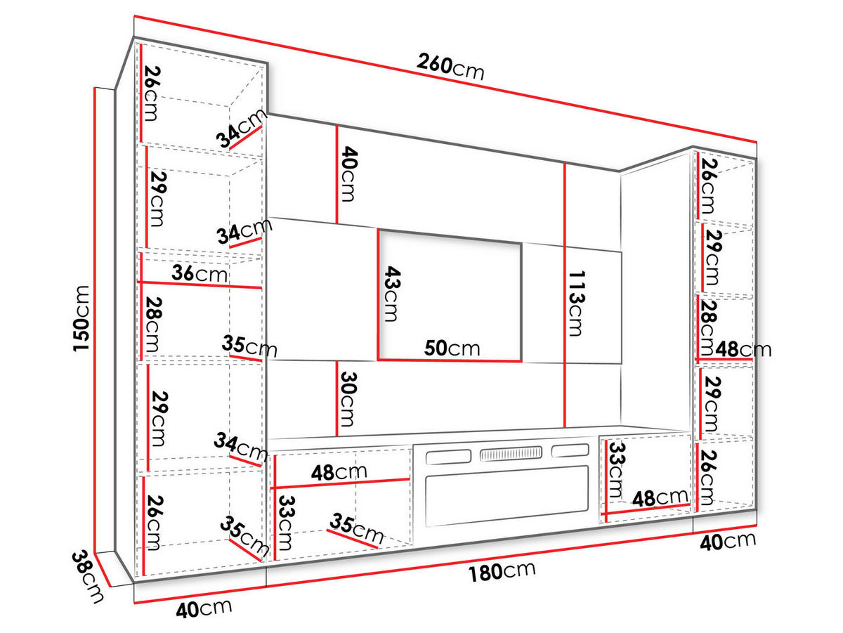 WOHNWAND Deromi V mit Kamin - Braun, Holzwerkstoff (260/150/38cm) - MIRJAN24
