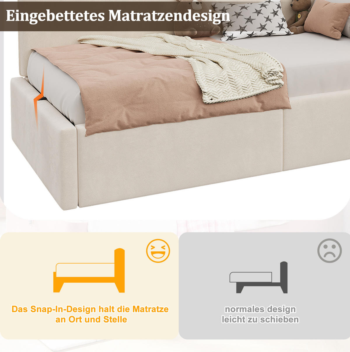 BETT 90/200 cm in Beige – mit Bettkasten, USB-C/USB und Lattenrost - Beige, Textil (90/200cm) - BEAOK