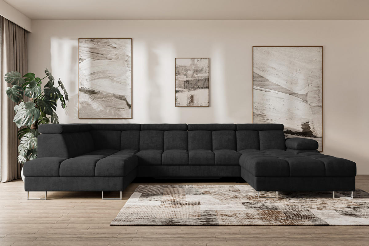 WOHNLANDSCHAFT mit Schlaffunktion und Bettkasten Ottomane Links COMA U 345x203x79 Schwarz Velours - Schwarz, Holzwerkstoff/Textil (345/79/203cm) - ALTDECOR