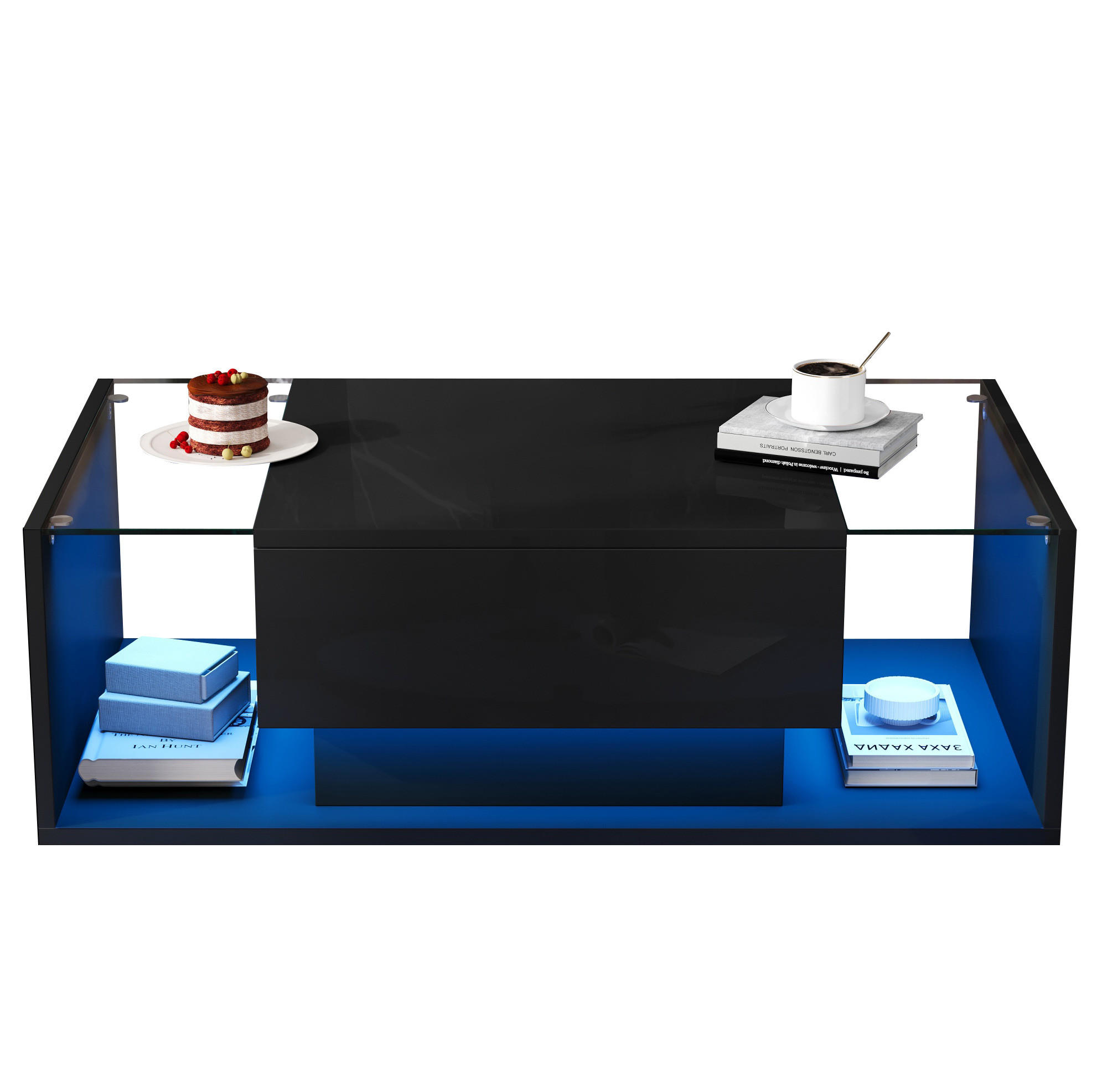 COUCHTISCH aus Spanplatte und Glas 100x50x31 cm in Schwarz mit LED & Schublade - Schwarz, Holzwerkstoff (100/50/31cm) - Modfu