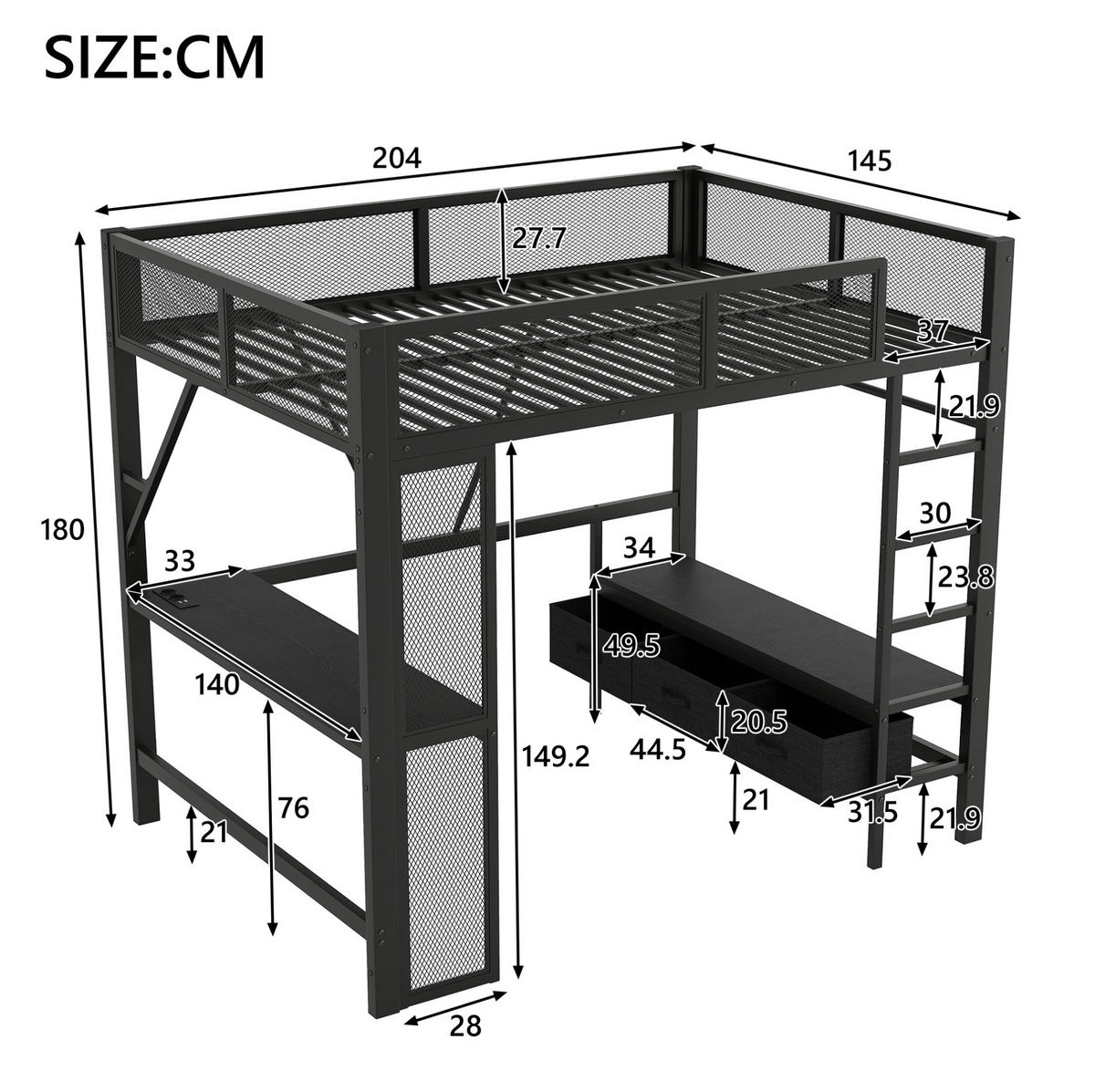 HOCHBETT 140/200 cm aus Metall mit LED-Beleuchtung, USB-Anschluss, Schreibtisch und 3 Schubladen, Schwarz - Schwarz, Holzwerkstoff (140/200cm) - Redom
