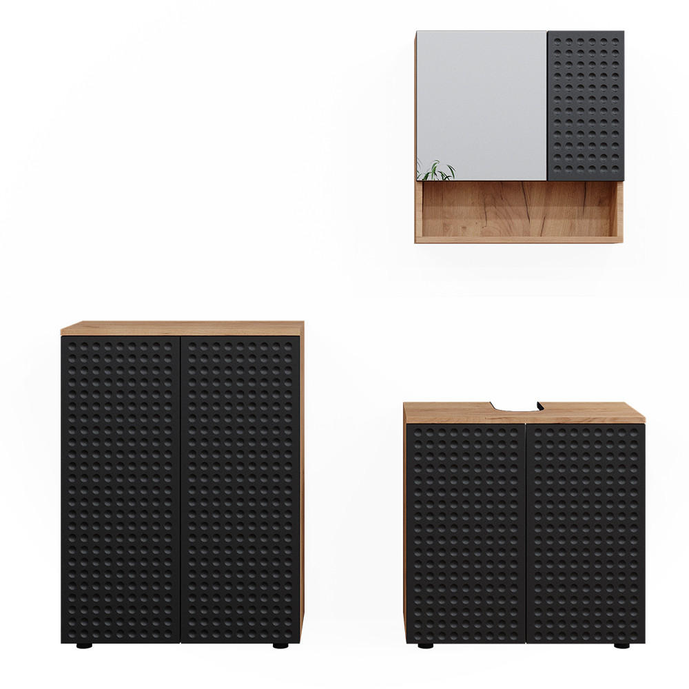 BADMÖBEL-SET Irma Anthrazit gepunktet 3 Teile, mit Unterschrank 60 cm - Anthrazit/Eiche Wotan, Holzwerkstoff (80/58.6/41cm) - Vicco