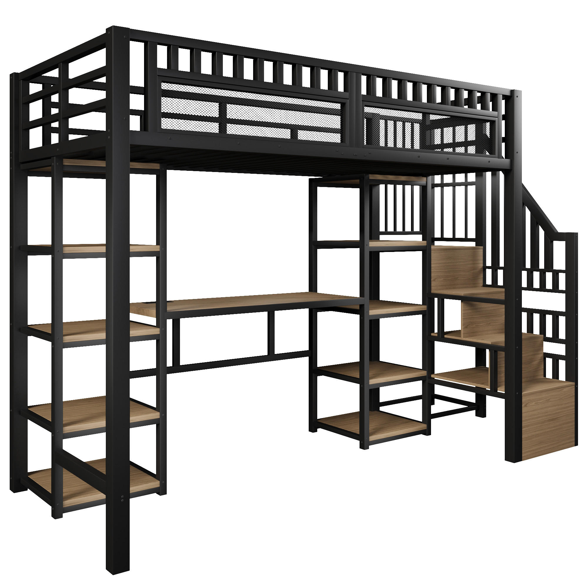 STILVORA HOCHBETT 90/200 cm in Schwarz mit Regal, Schreibtisch, LED und USB