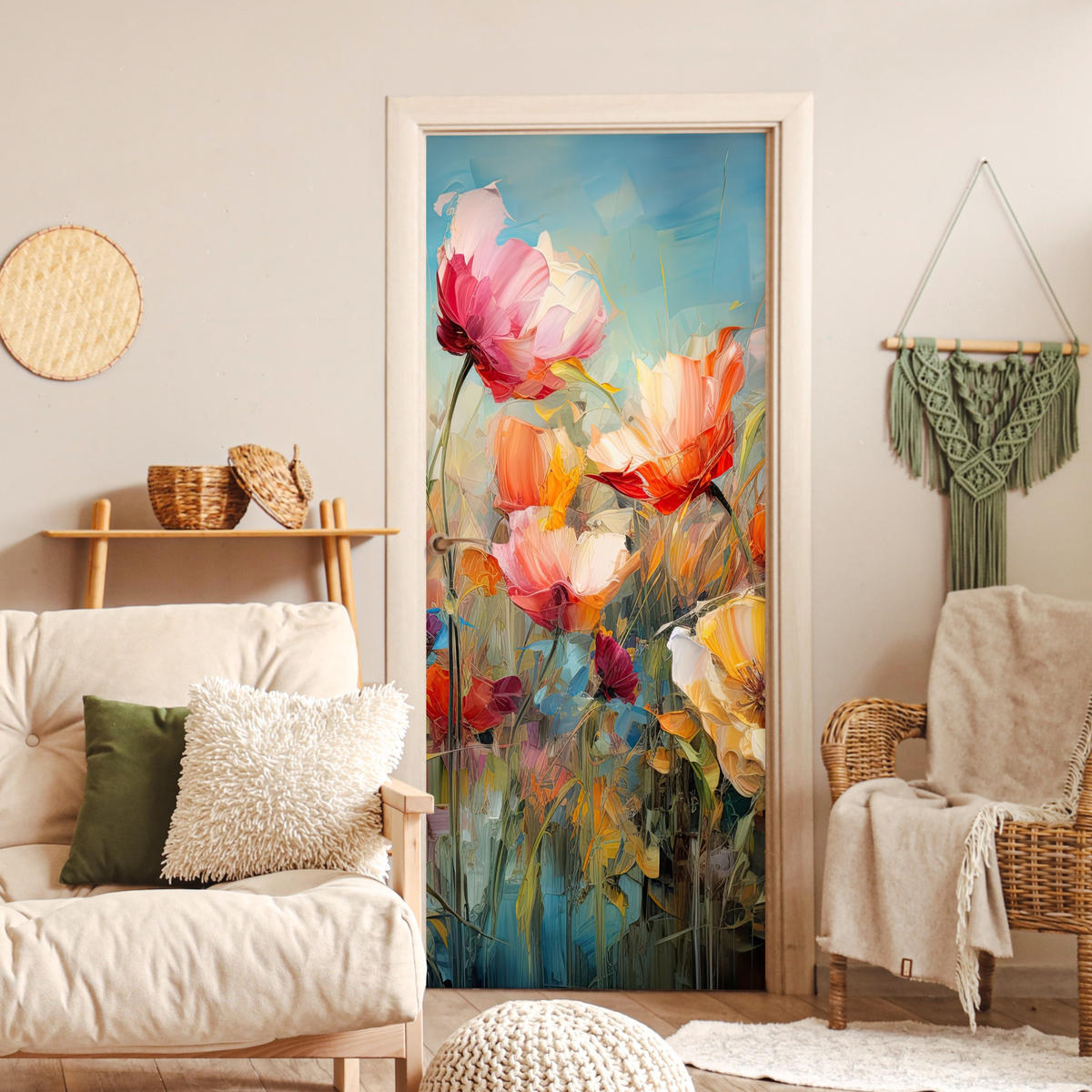 FOTOTAPETE Tür - Blumen - Aquarell - Kunst - Botanisch - Natur 75x205 cm - Orange, Kunststoff (75/0.1cm) - MuchoWow