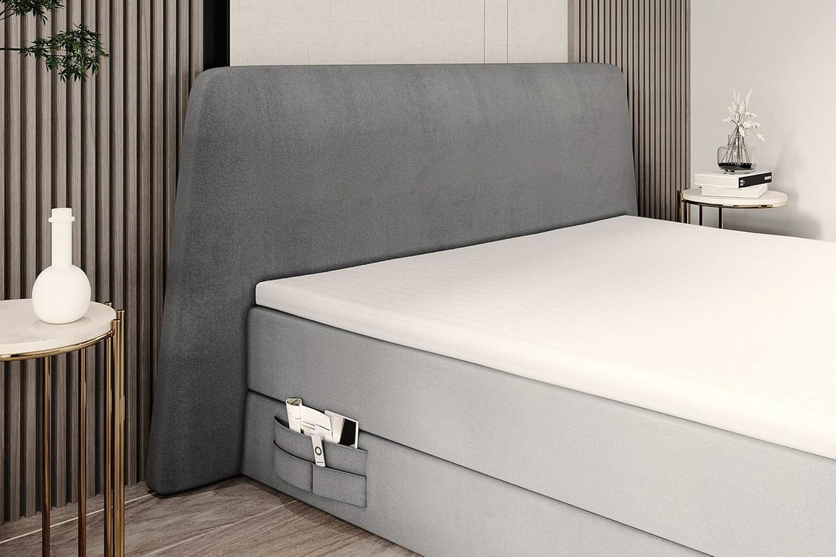 BOXBETT 160 x 200 cm RONDA mit Bettkästen und Topper, Taschenmatratze und Seitliche Taschen für Handy oder Buch, Grau - Grau, Holz/Textil (160/200cm) - Trada