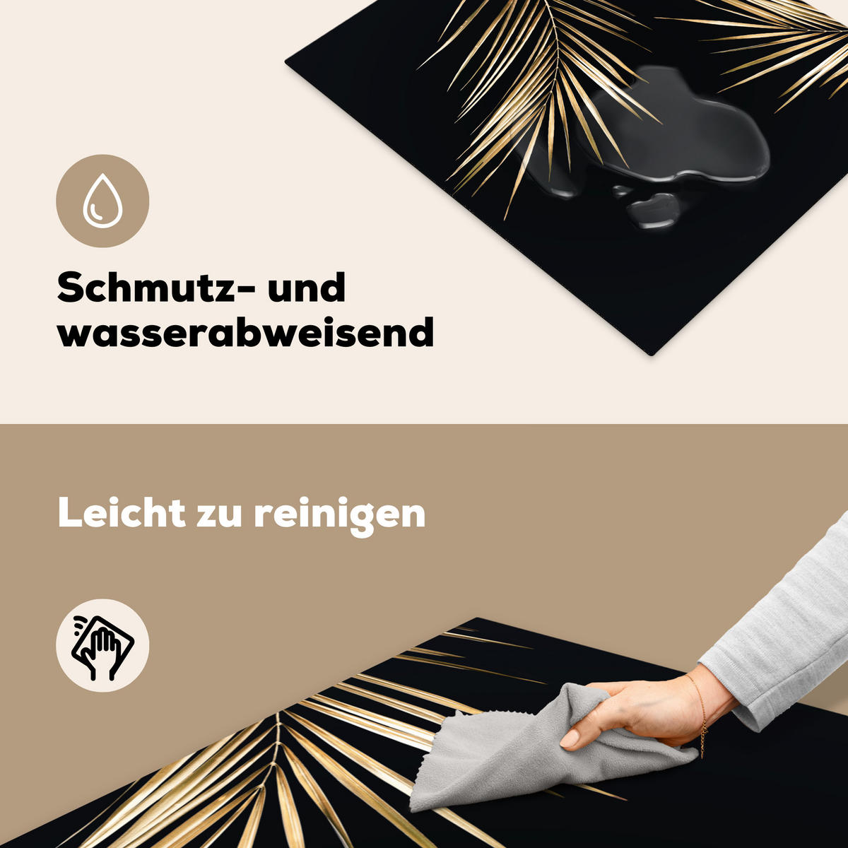 HERDABDECKPLATTE Blätter - Pflanzen - Gold - Schwarz - Luxus Herdabdeckung Induktionsfeld 65x52 cm - Goldfarben, Kunststoff (65/52/0.2cm) - MuchoWow