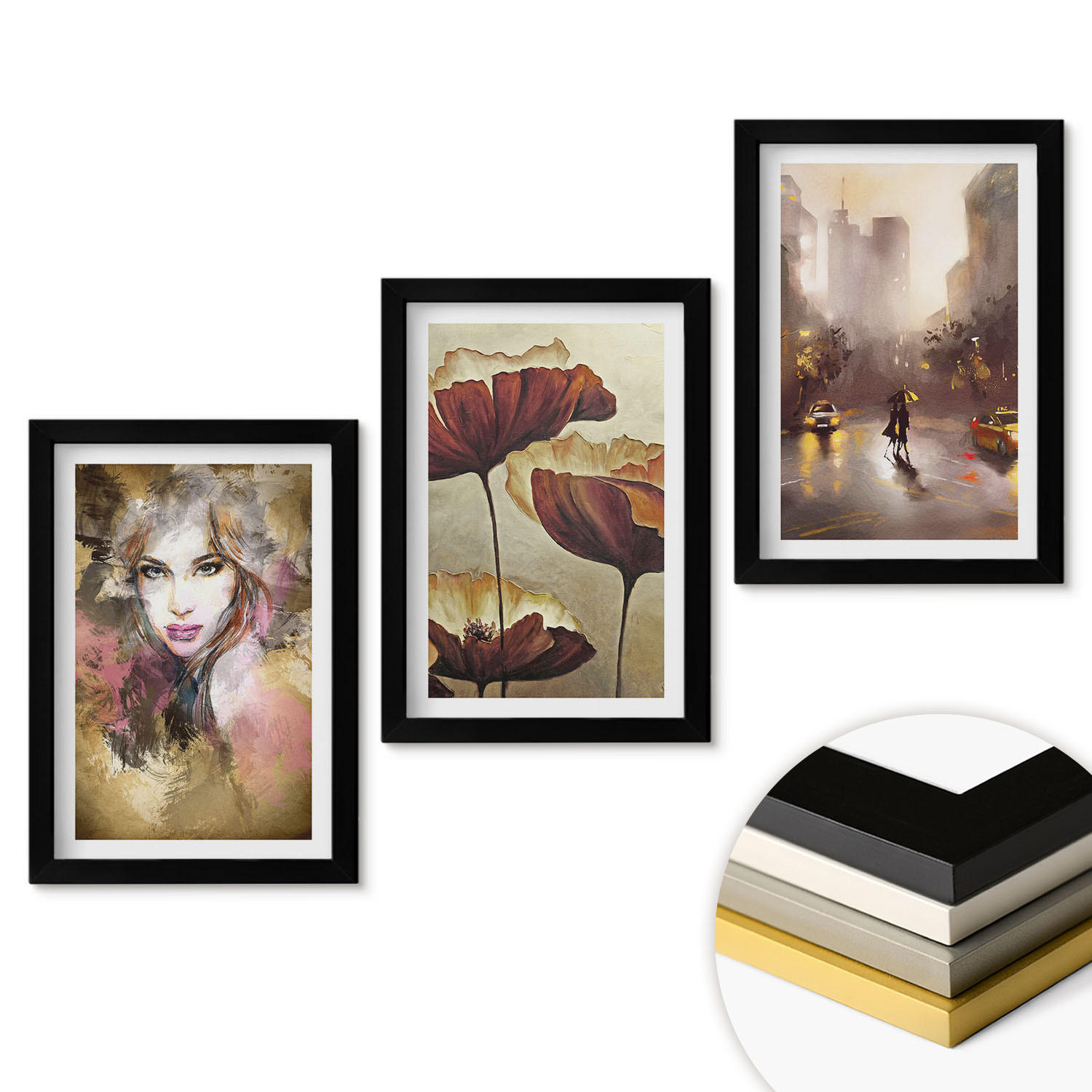 WANDBILDER 3er-Set - 20x30 cm Schwarzer Rahmen - Abstraktes Porträt einer Frau mit Blumen und Regen - Schwarz, Kunststoff (20/30cm) - ArtPrintCave