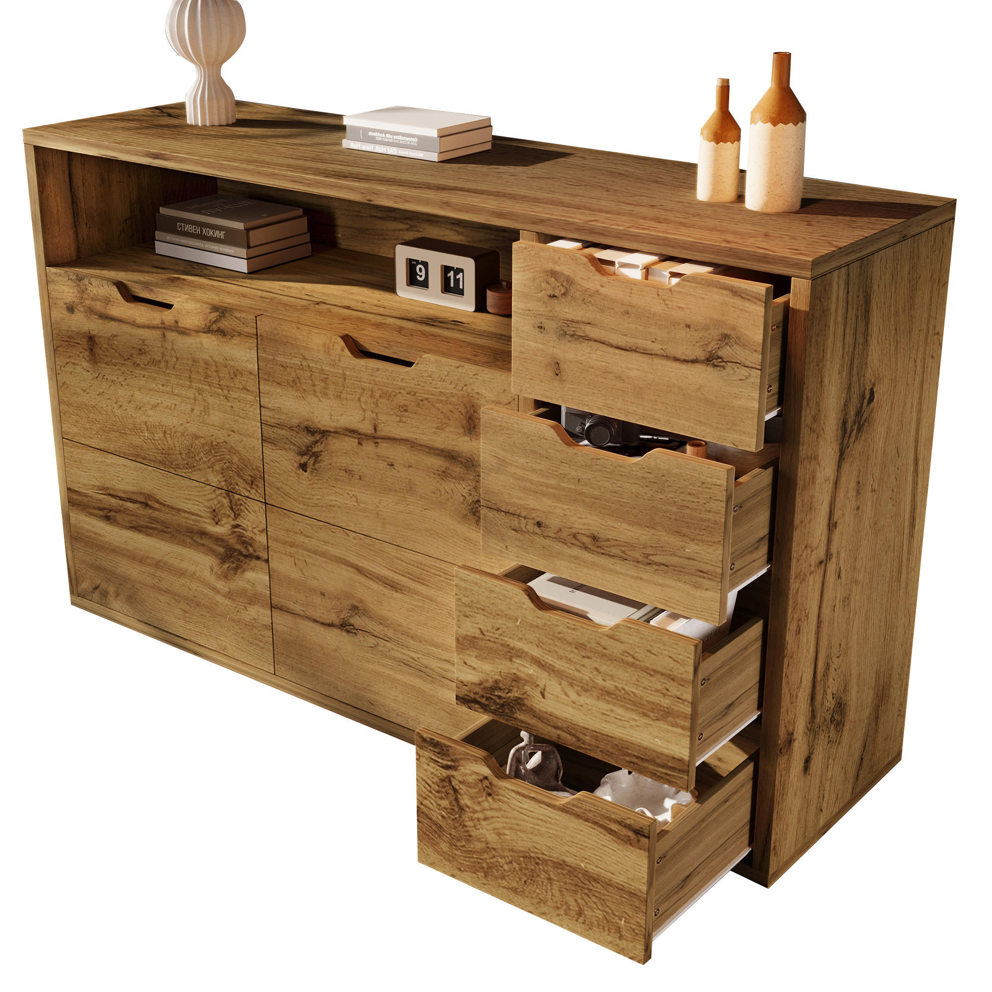 SIDEBOARD aus MDF und Metall 150x40x90 cm Eichefarben/Schwarz mit 2 Türen, 4 Schubladen, offenem Fach und Softclose - Eichefarben, Holzwerkstoff (150/90/40cm) - Modfu
