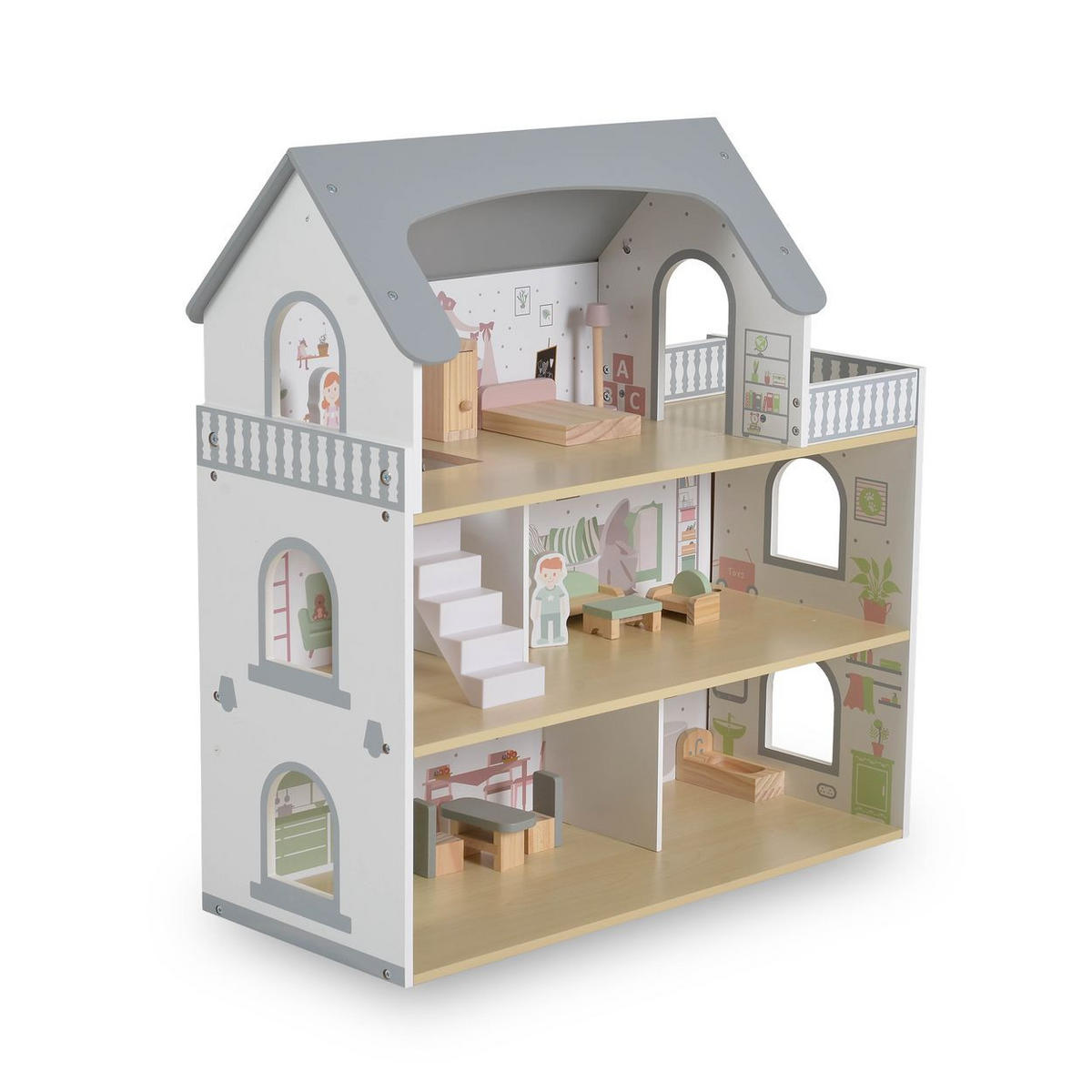 Moni PUPPENHAUS Ema weiß 61 x 26 cm, 11 Möbelstücke, 2 Puppenfiguren ...