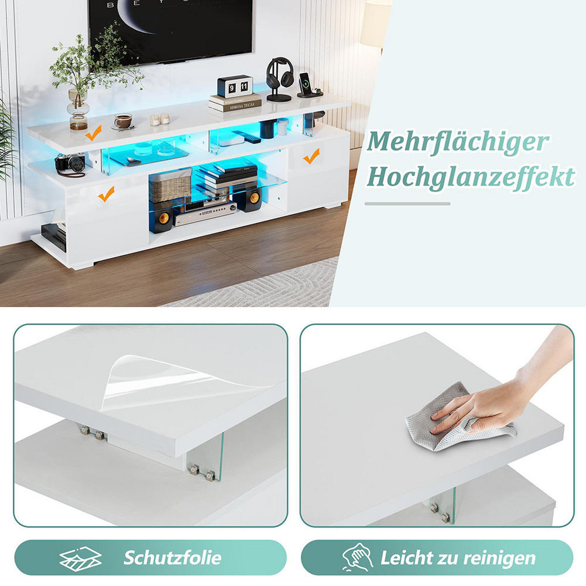 TV-STÄNDER mit LED-Beleuchtung in Reinweiß - Weiß, Holz (40/53/150cm) - KOMHTOM
