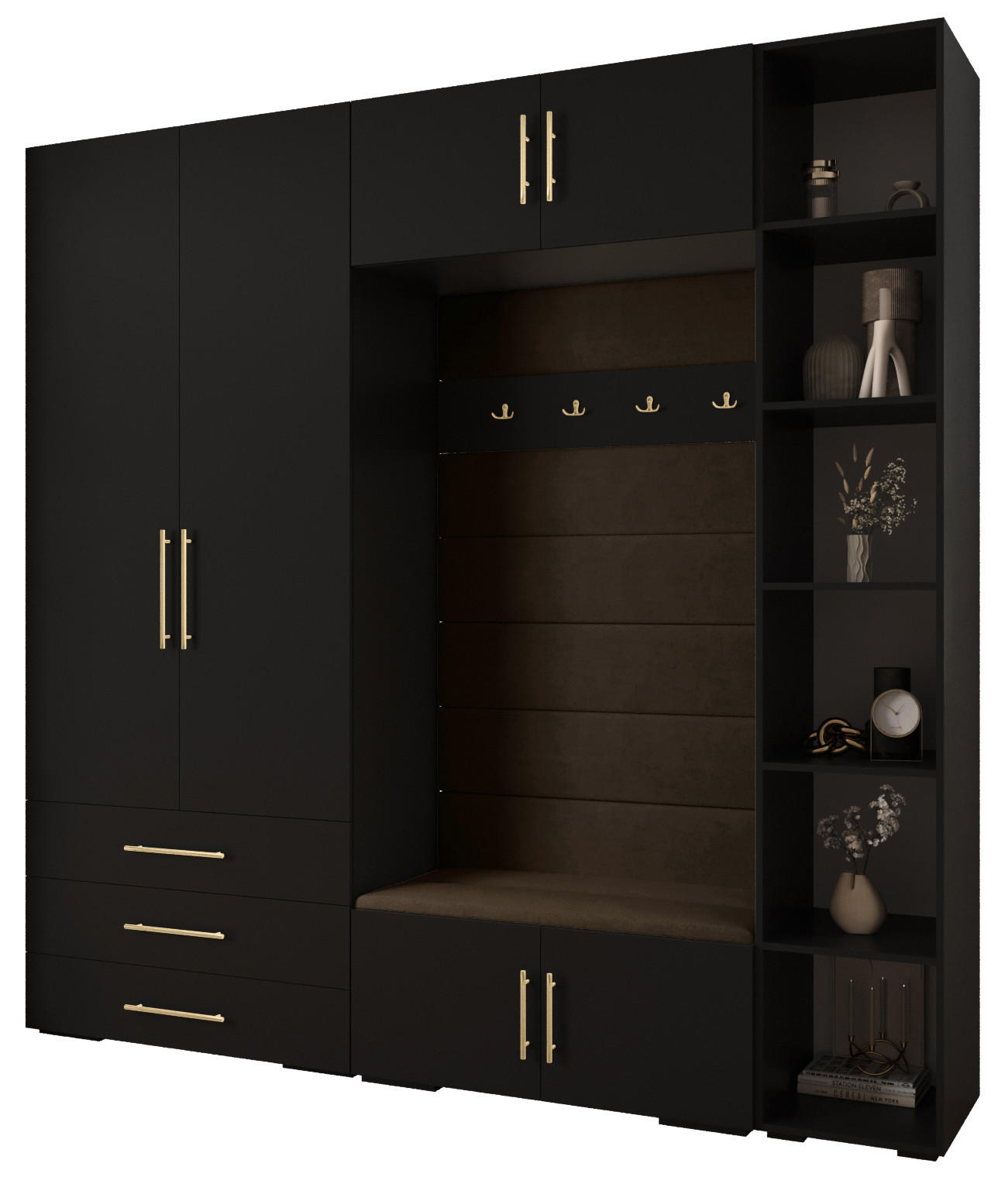 Abiks Möbel Garderoben-Set Schwarz, Braun, Gold 240x236.7x47 cm