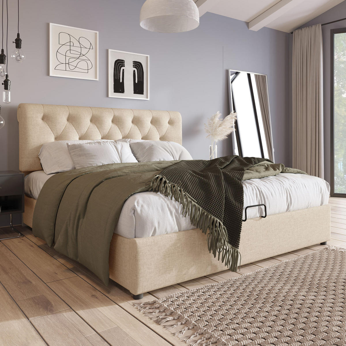 ČALOUNĚNÁ postel 160/200 cm lněná přírodní, s úložným prostorem a matrací - přírodní, textil (160/200cm) - BEAOK