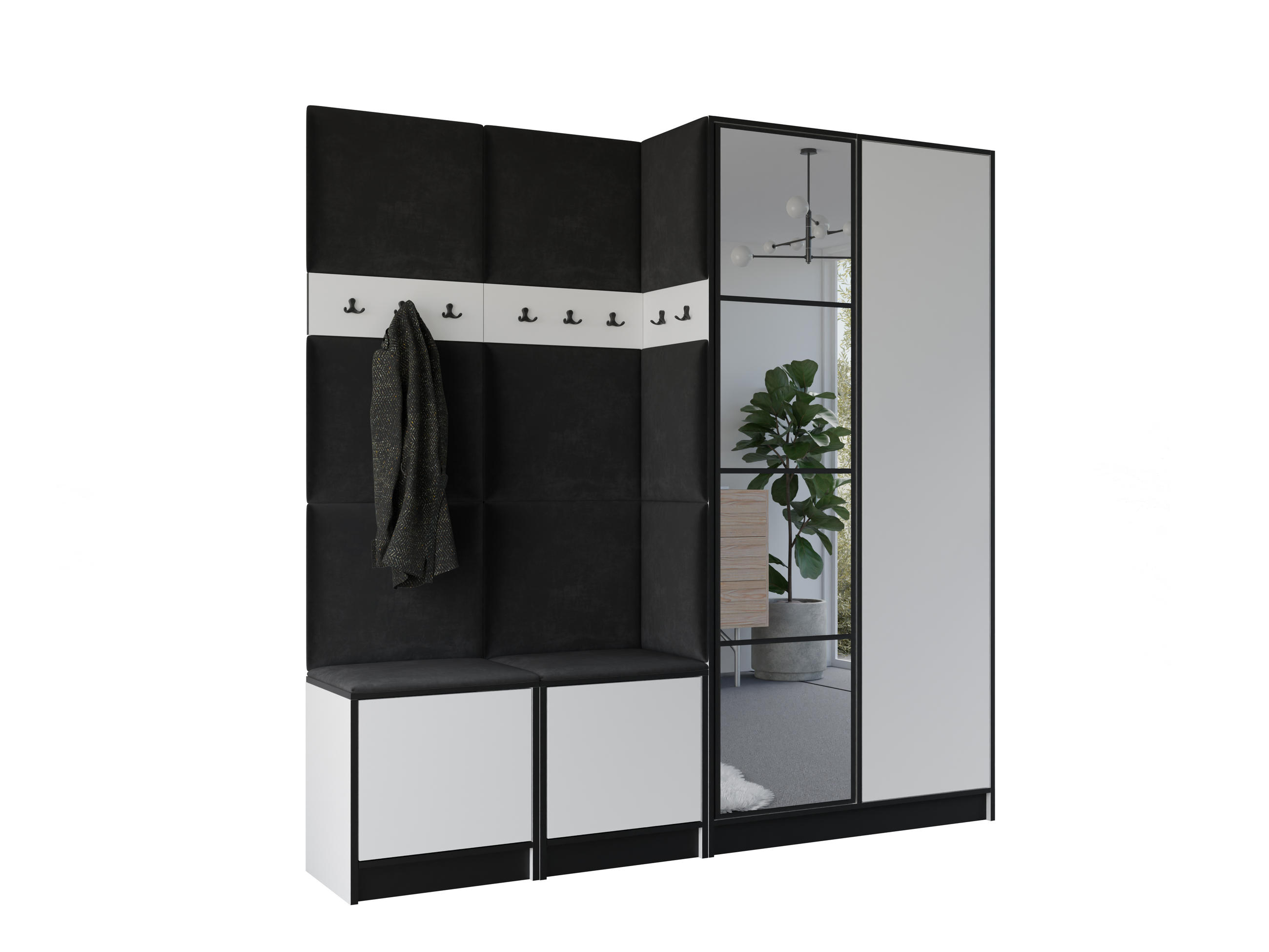 GARDEROBENSCHRANK EDEN 21 mit Spiegel - Weiß & Stoff Schwarz - Schwarz/Weiß, Holzwerkstoff (211/205/39cm) - Kier Furniture