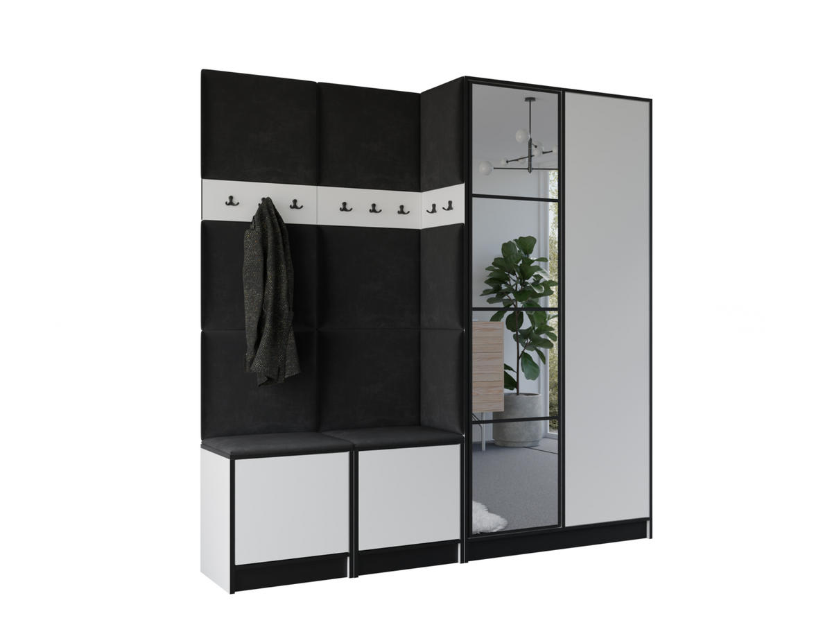 GARDEROBENSCHRANK EDEN 21 mit Spiegel - Weiß & Stoff Schwarz - Schwarz/Weiß, Holzwerkstoff (211/205/39cm) - Kier Furniture