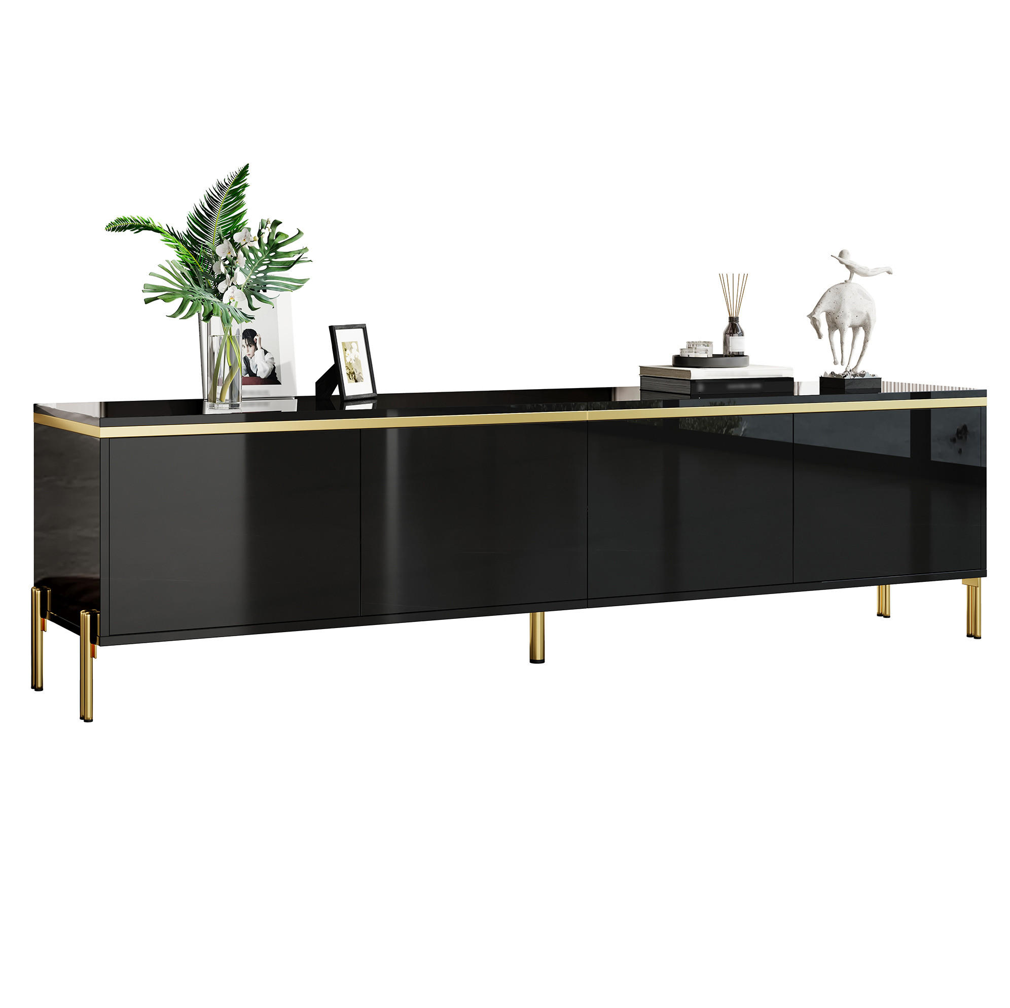 TV-SCHRANK aus Spanplatte 170x38x50 cm Schwarz mit 4 Türen, Kabeldurchführungen und Metallbeinen - Schwarz, Holzwerkstoff (170/50/38cm) - IVMEU