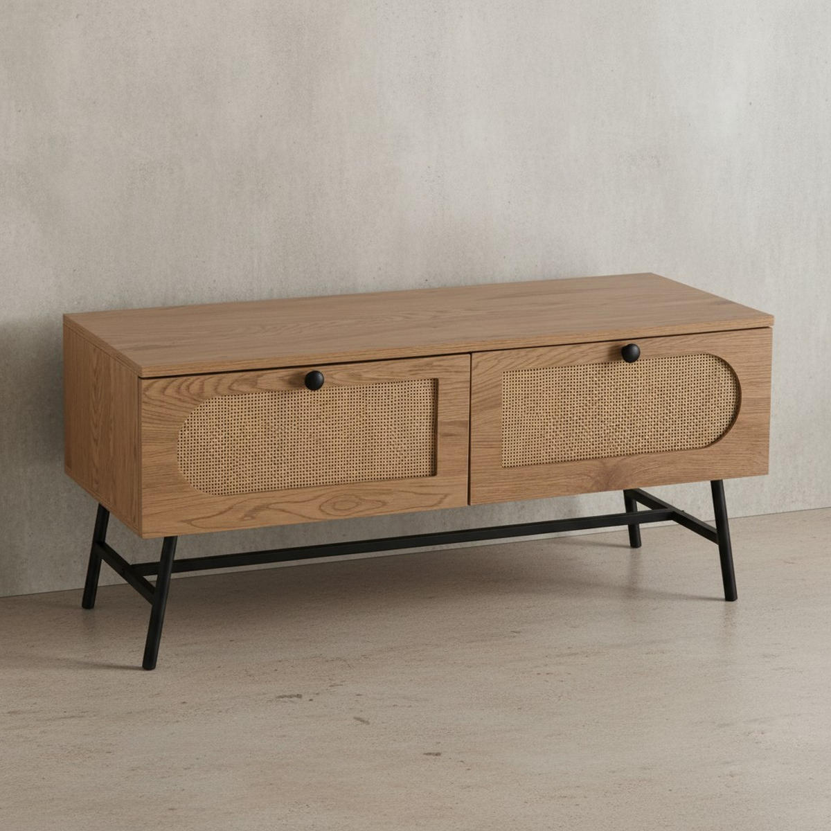 LOWBOARD Eiche-Dekor Rattan Modern Stil 100x45x40 cm mit Schubladen - Schwarz/Braun, Holzwerkstoff/Metall (100/45/40cm) - KADIMA DESIGN