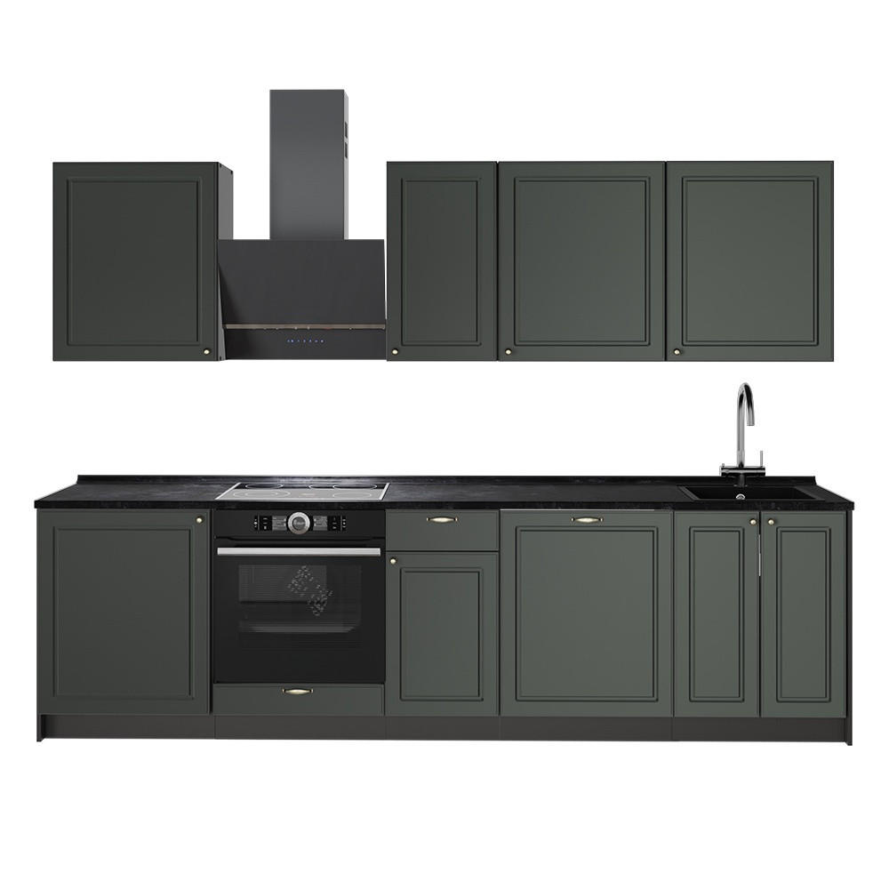 KÜCHENZEILE Fame-Line, Grün-Gold Landhaus/Anthrazit, 280 cm ohne Arbeitsplatte - Anthrazit/Grün, Holzwerkstoff (280/206.8/51.6cm) - Vicco
