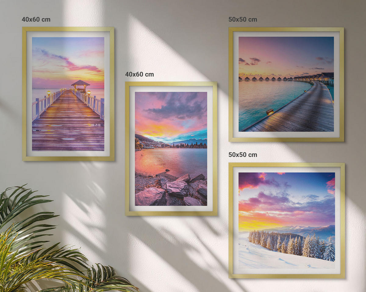 WANDBILDER 4er Set - 50x50 cm & 40x60 cm Goldrahmen - Winterlandschaft des Pierbergs - Goldfarben, Kunststoff (50/50cm) - ArtPrintCave
