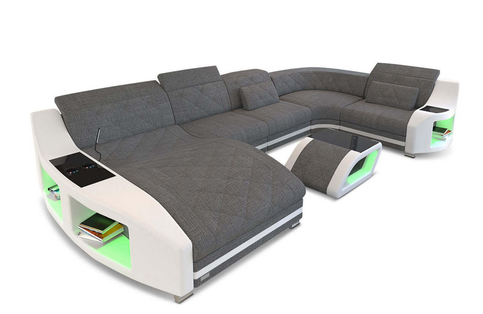 WOHNLANDSCHAFT Stoff Sofa Swing U Form Grau Weiß Strukturstoff - Grau, Kunststoff (404/90/220cm)