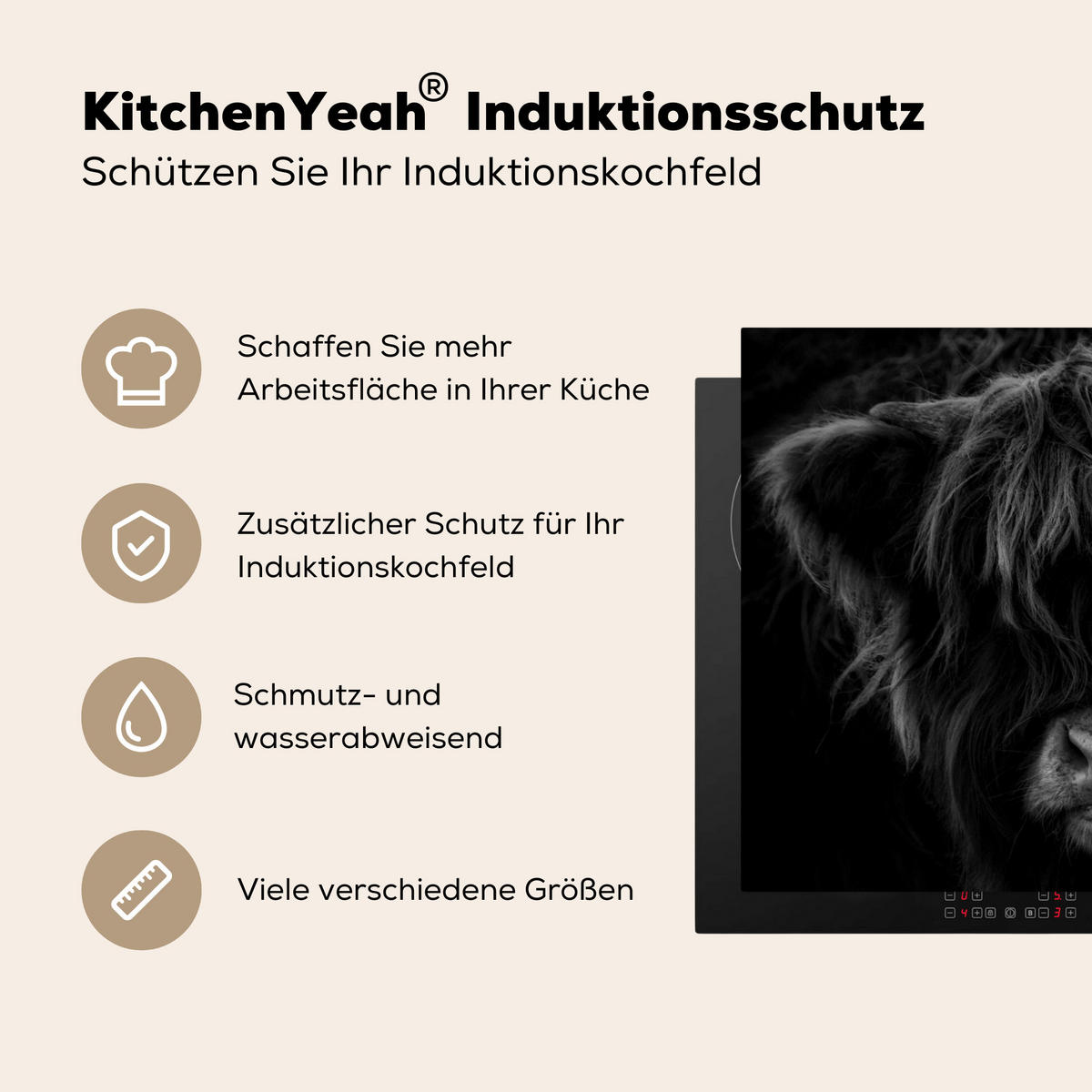 HERDABDECKPLATTE Schottischer Highlander - Kuh - Schwarz - Weiß - Tiere Herdabdeckung Induktionsfeld 75x52 cm - Schwarz, Kunststoff (75/52/0.2cm) - MuchoWow