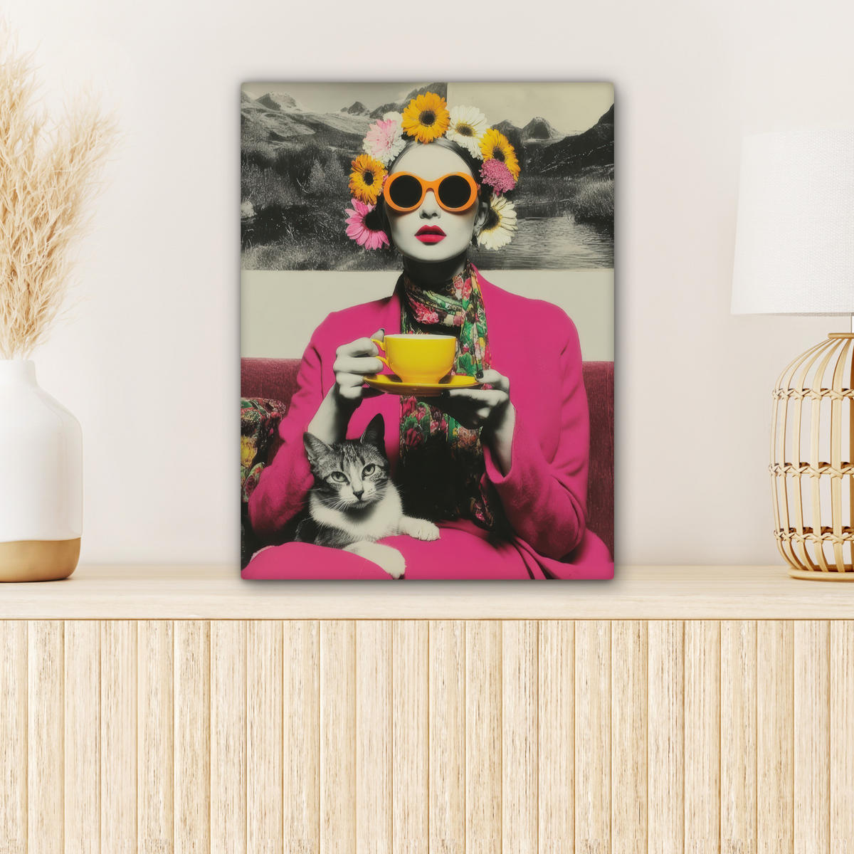 LEINWANDBILD Frau - Katze - Blumen - Tasse - Retro Room Decor 30x40 cm - Magenta, Textil (30/40cm) - MuchoWow
