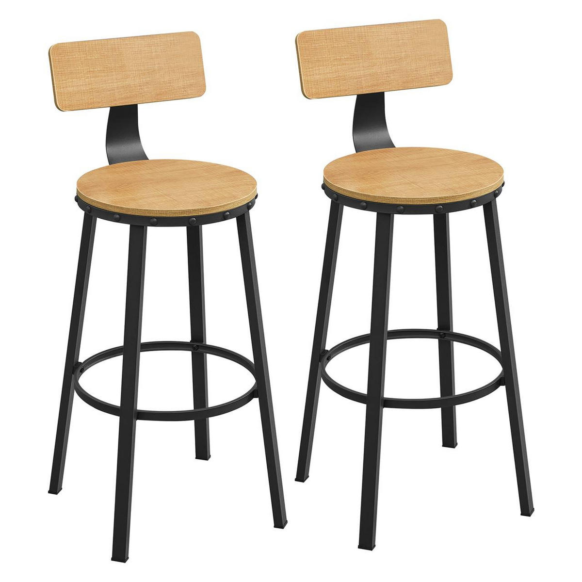 BARHOCKER Holzoptik Metall Honigbraun Schwarz 2er Set mit Rückenlehne 99x54,5x54,5 cm - Schwarz/Honig, Holzwerkstoff/Metall (37/99/55cm) - Begryf