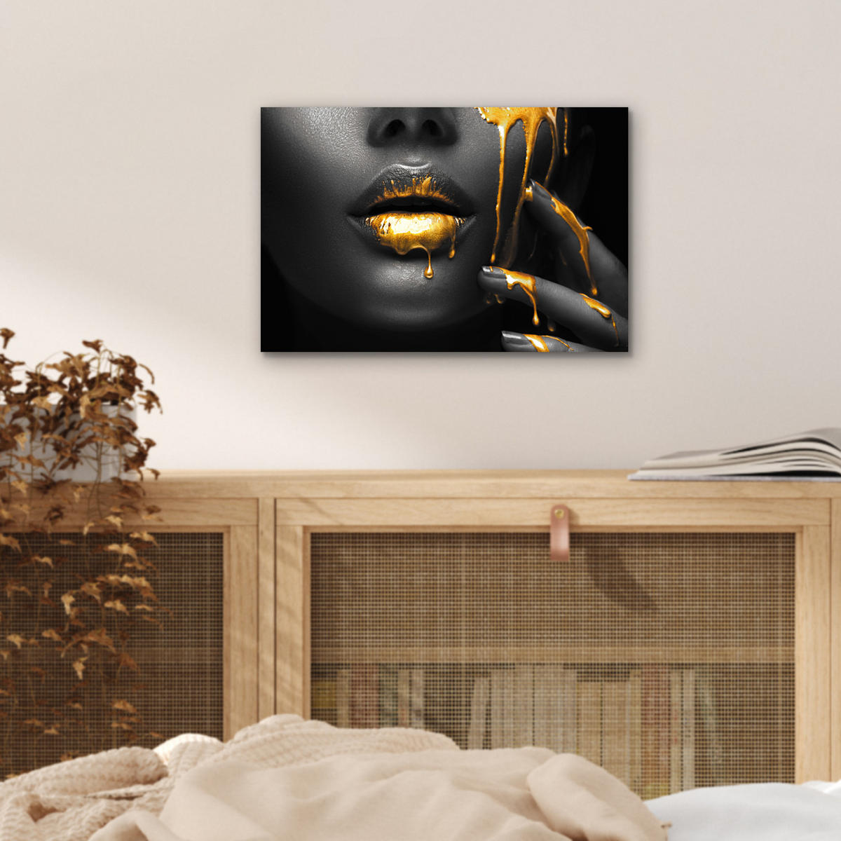 METALLBILD Frau - Schwarz - Gold - Gesicht - Lippen 30x20 cm - Goldfarben, Metall (30/20cm) - MuchoWow
