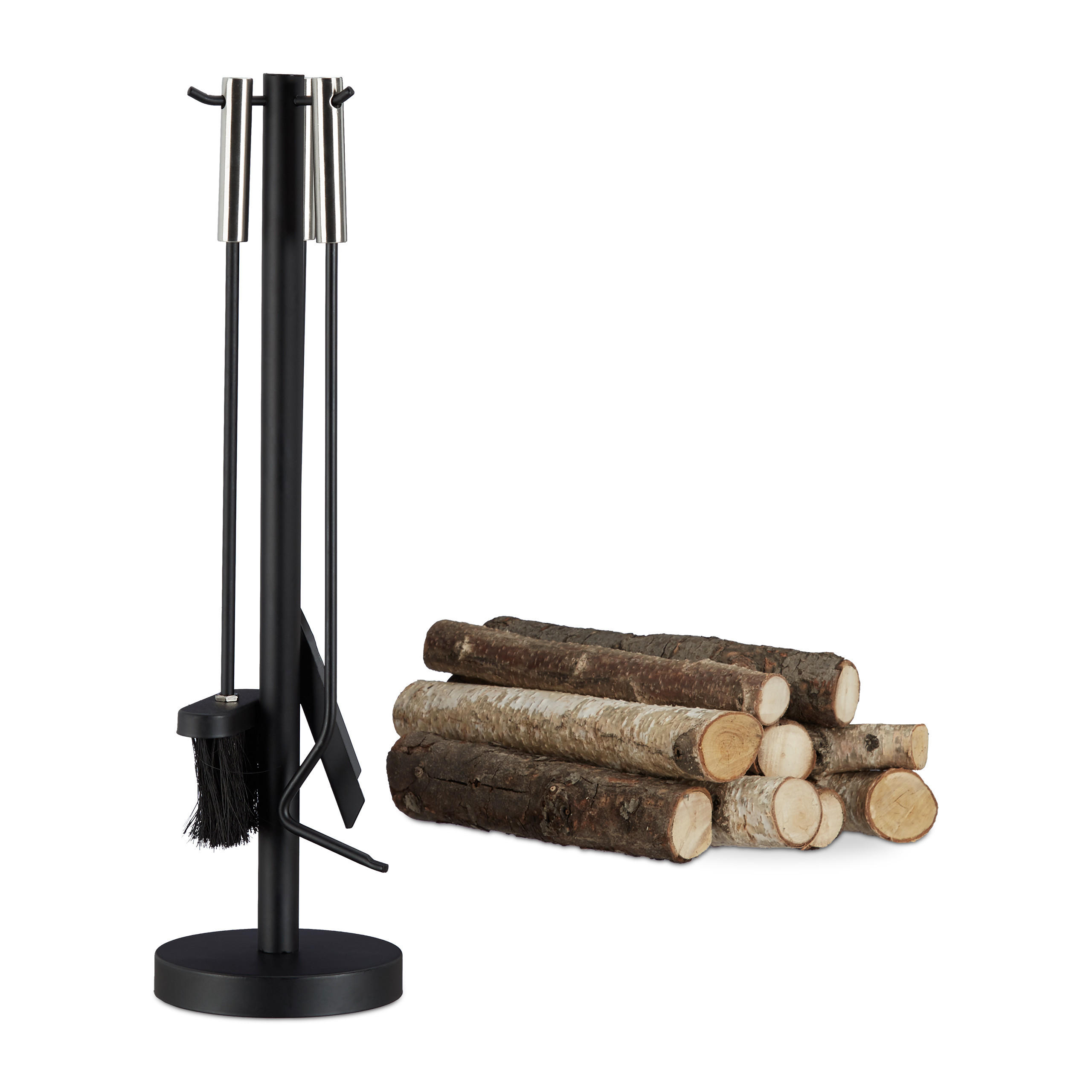 SET șemineu negru argintiu 4-piese cu suport 57 cm