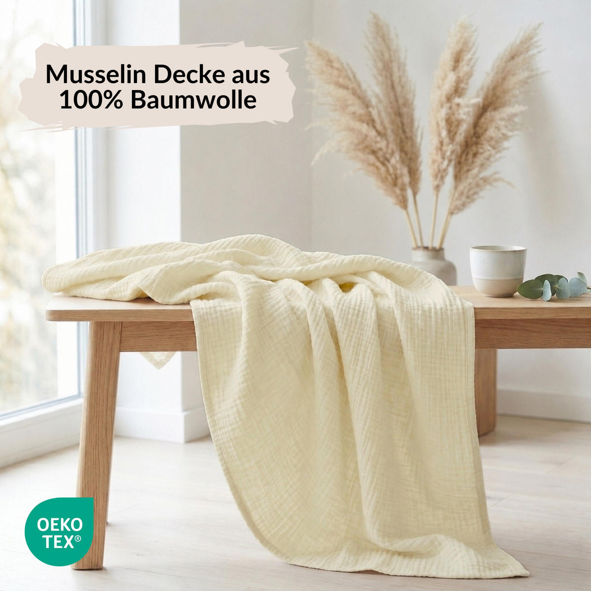 WOHNDECKE Musselin 150 x 200 cm, Leichte Kuscheldecke aus 100% Baumwolle - Nutzbar als Tagesdecke, Plaid oder Decke für Sofa, Couch & Bett - Creme - Creme, Textil (150/200cm) - Carpe Sonno