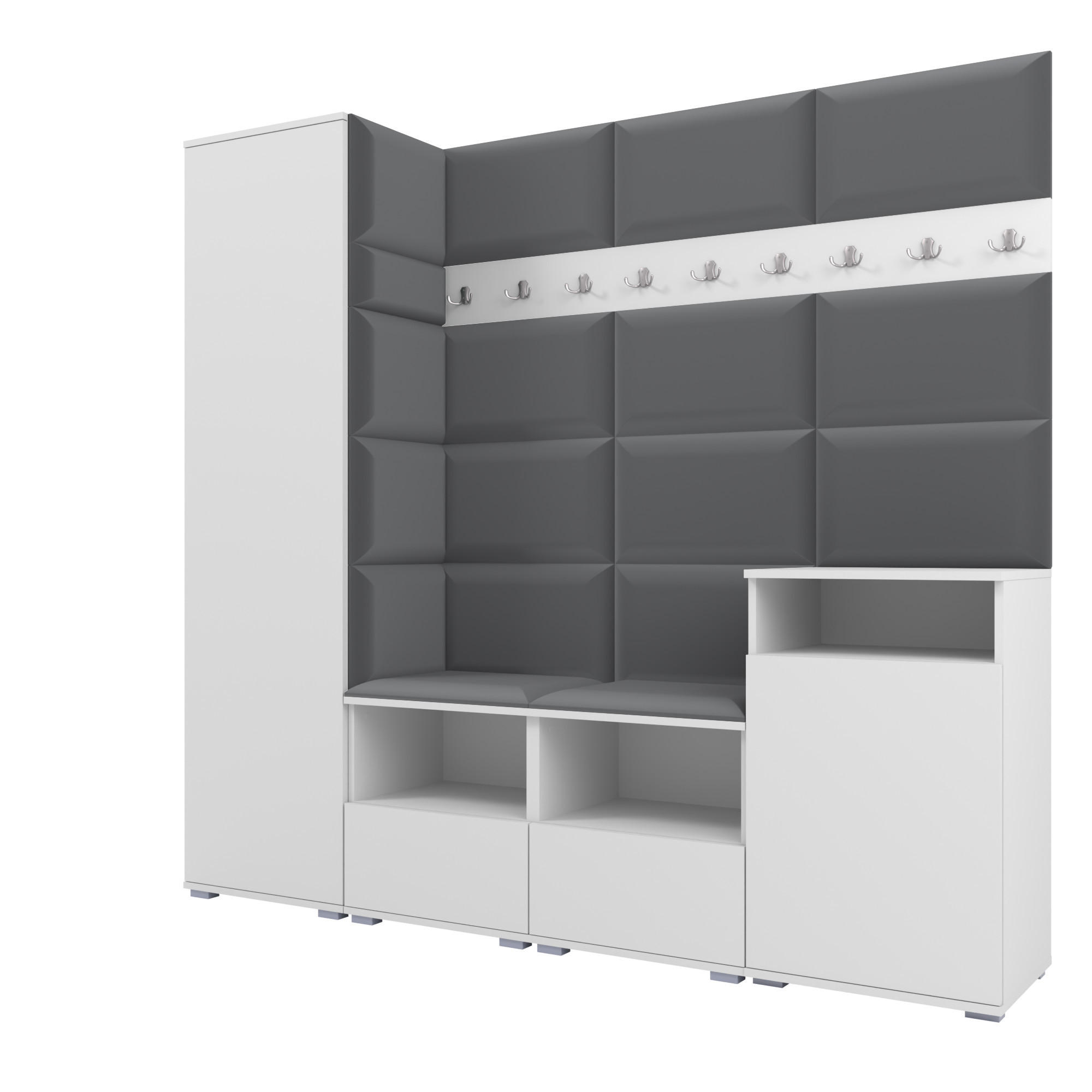 GARDEROBE NELA X 200 cm (Modulare Flurmöbel Weiß mit Sitzpolster Dunkelgrau 15 Schrank + Sidelboard) - Dunkelgrau/Silberfarben, Holz/Holzwerkstoff (200/187/40cm) - Ravio